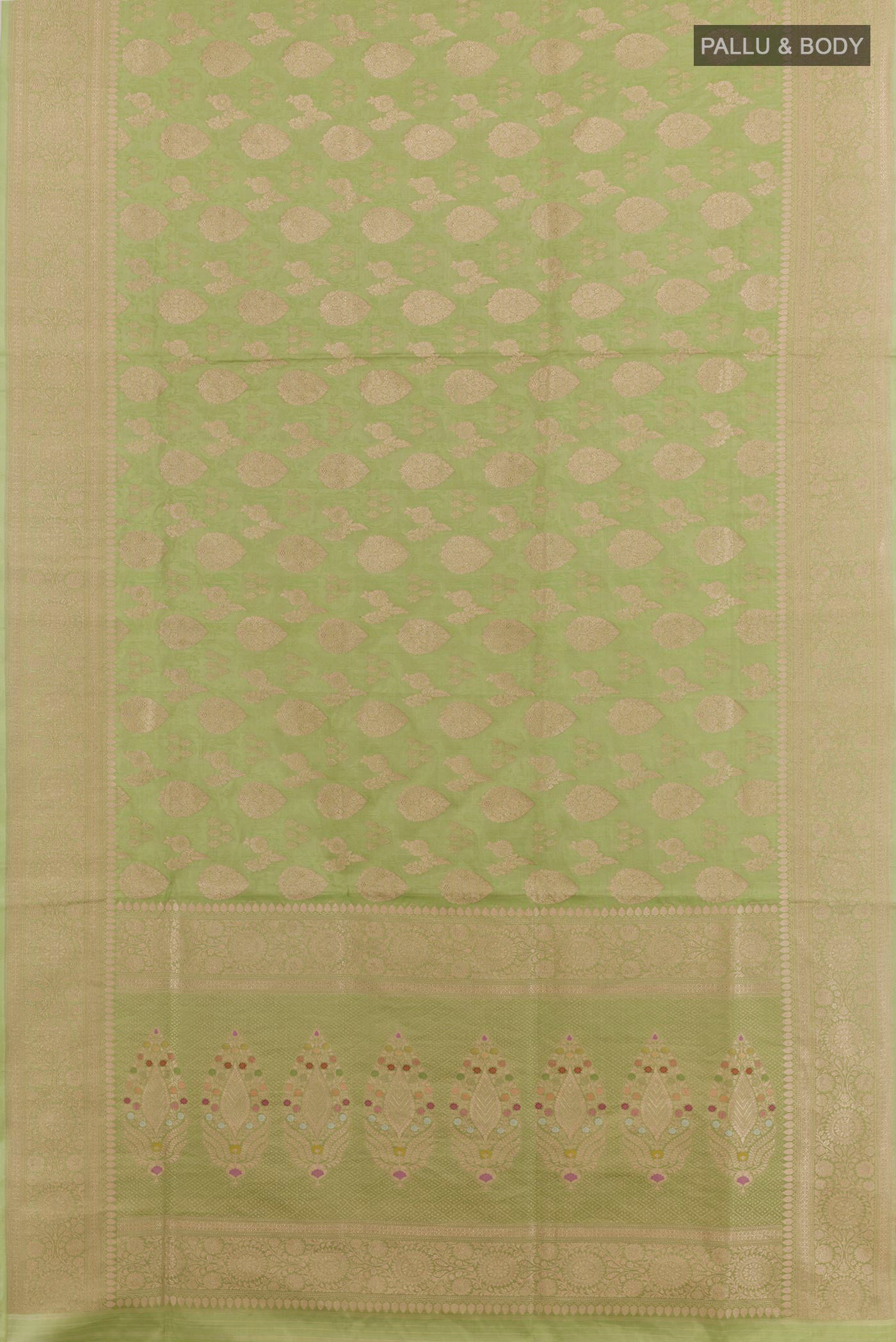 Flat view of Green Banarasi Silk Saree with Zari Brocade on the body and Zari Border. 