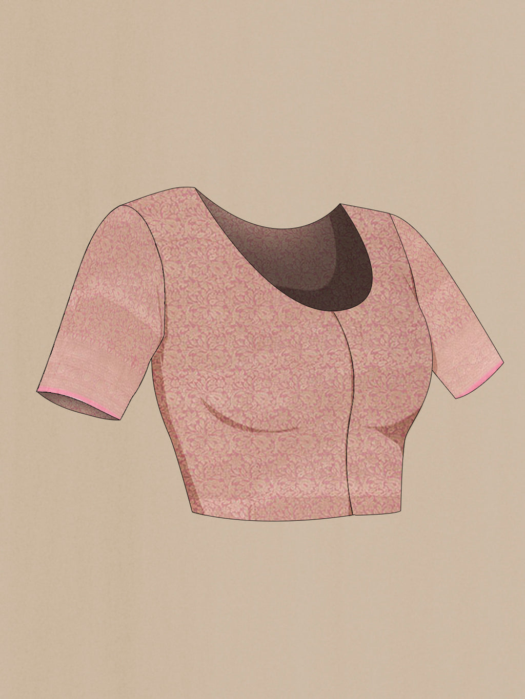 Close up image of the blouse of Pink Banarasi Silk Saree with Zari Brocade on the body and Zari Border. 