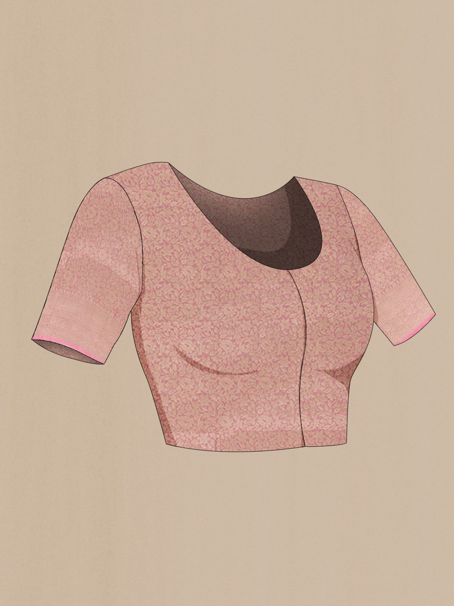 Close up image of the blouse of Pink Banarasi Silk Saree with Zari Brocade on the body and Zari Border. 