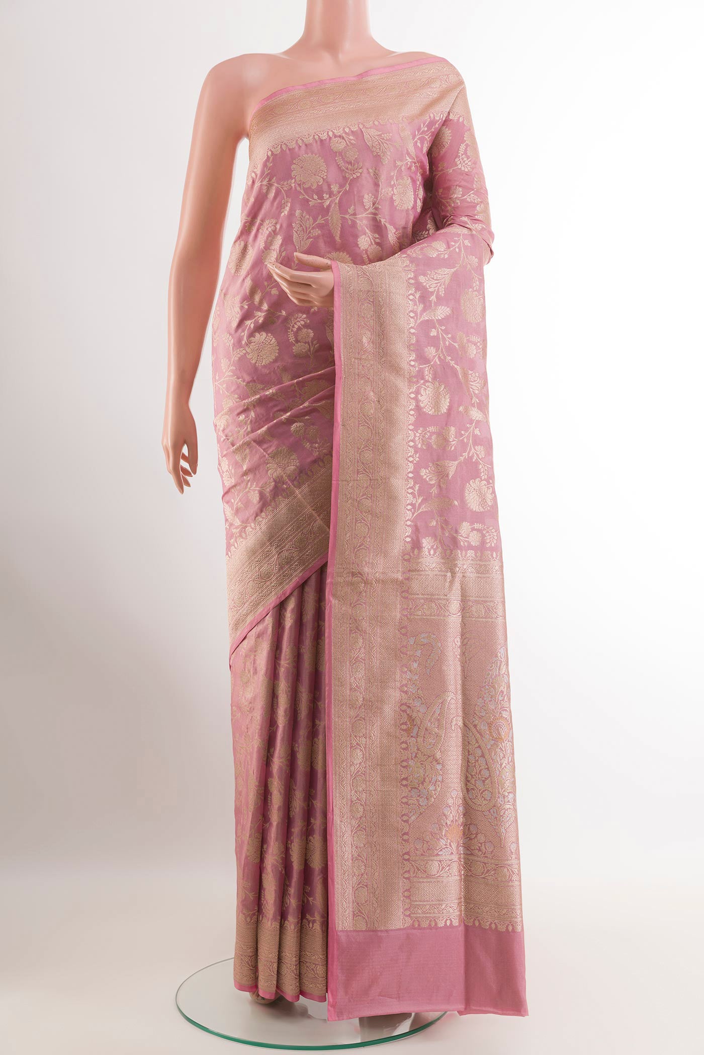 Pink Banarasi Silk Saree with Zari Brocade on the body and Zari Border.  displayed on a mannequin