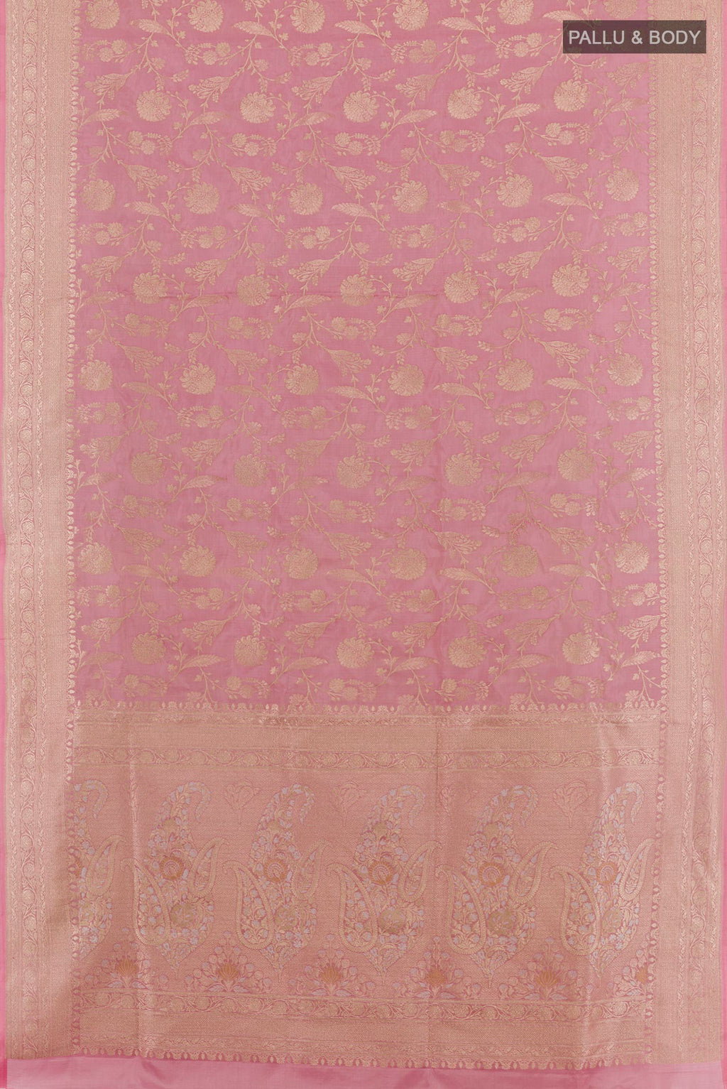 Flat view of Pink Banarasi Silk Saree with Zari Brocade on the body and Zari Border. 