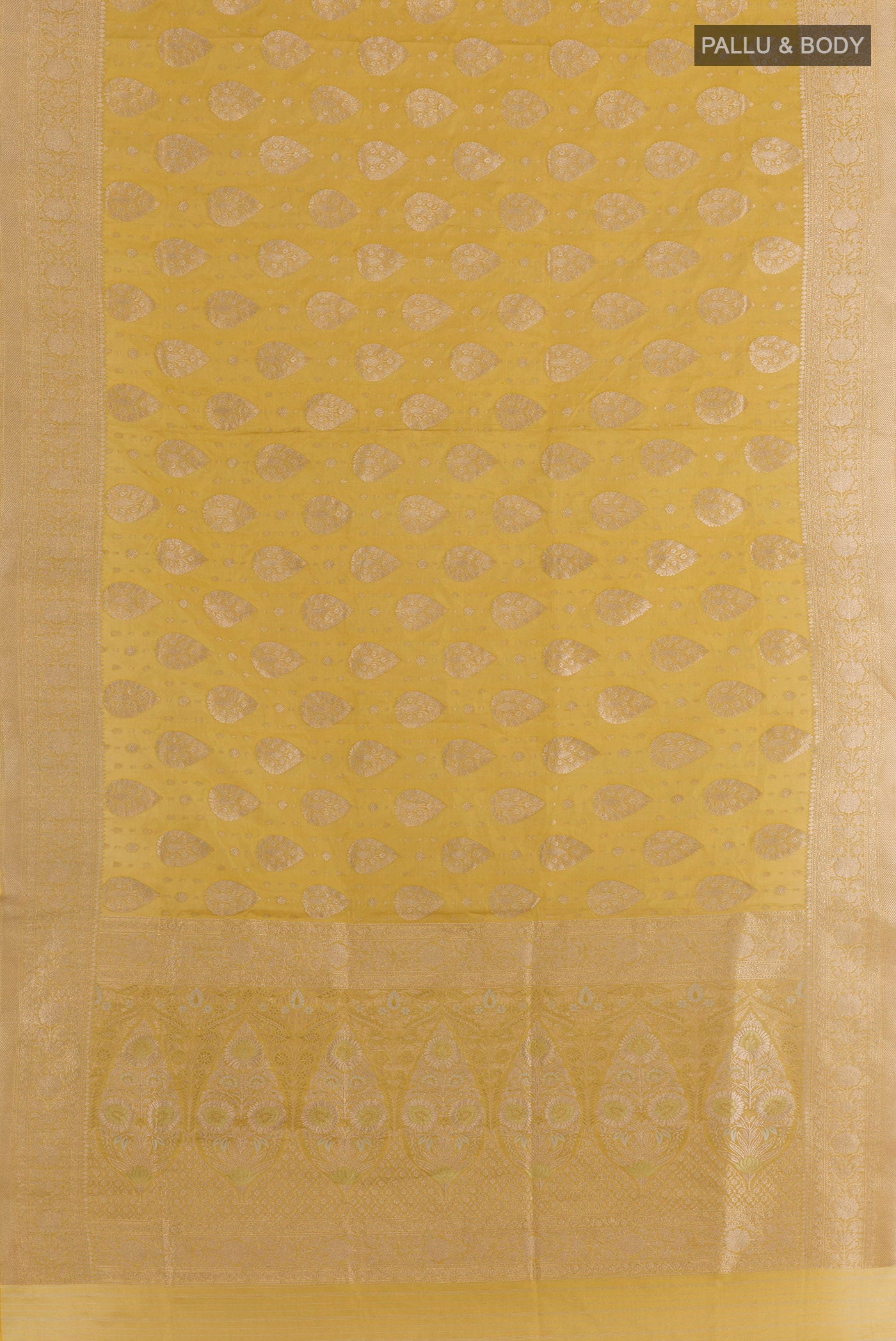 Flat view of Yellow Banarasi Tissue Silk Saree with Zari Brocade on the body and Zari Border. 