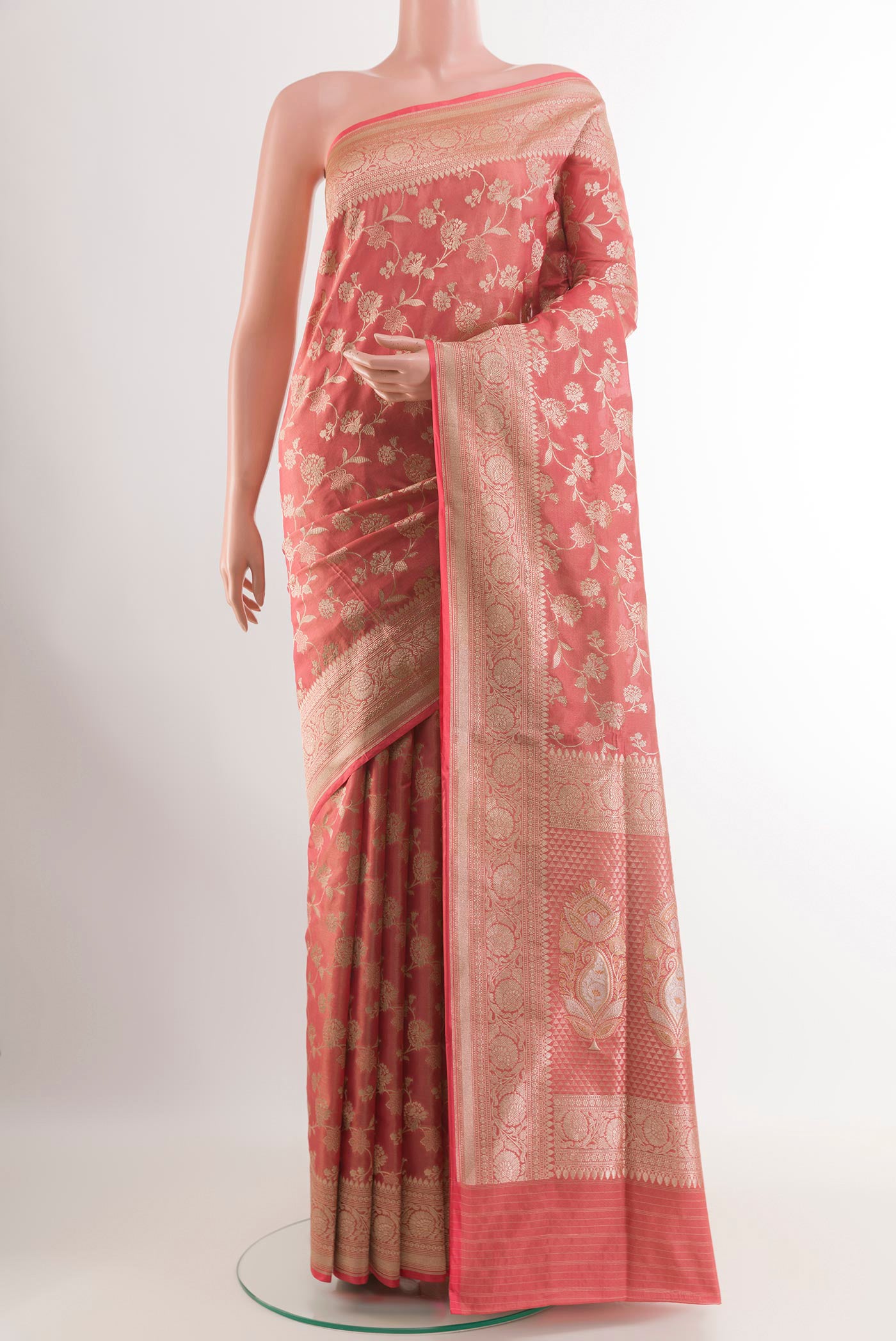 Pink Banarasi Silk Saree with Zari Brocade on the body and Zari Border.  displayed on a mannequin