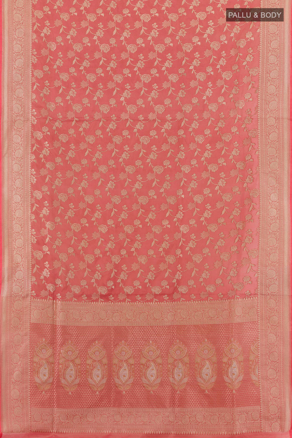 Flat view of Pink Banarasi Silk Saree with Zari Brocade on the body and Zari Border. 