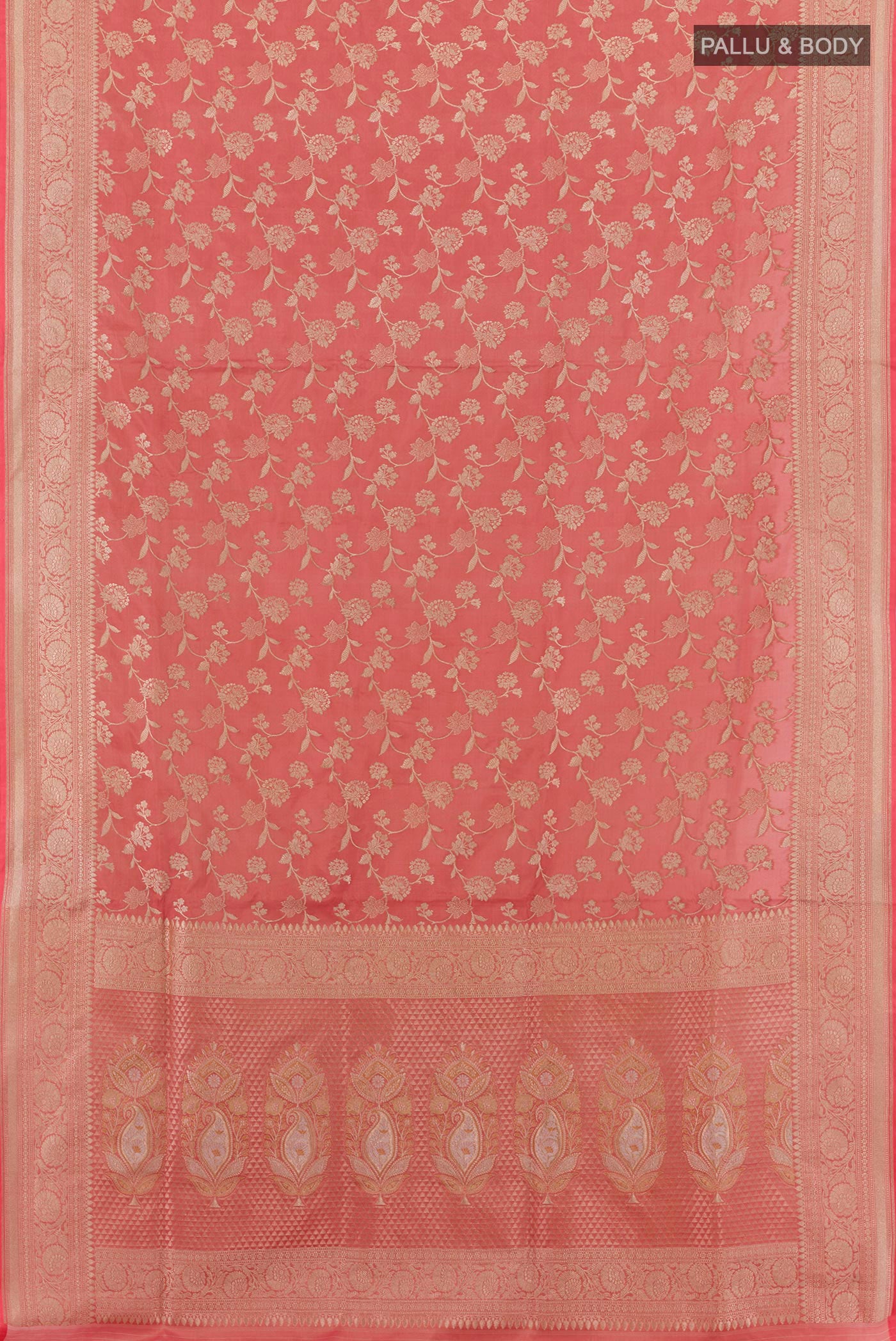 Flat view of Pink Banarasi Silk Saree with Zari Brocade on the body and Zari Border. 