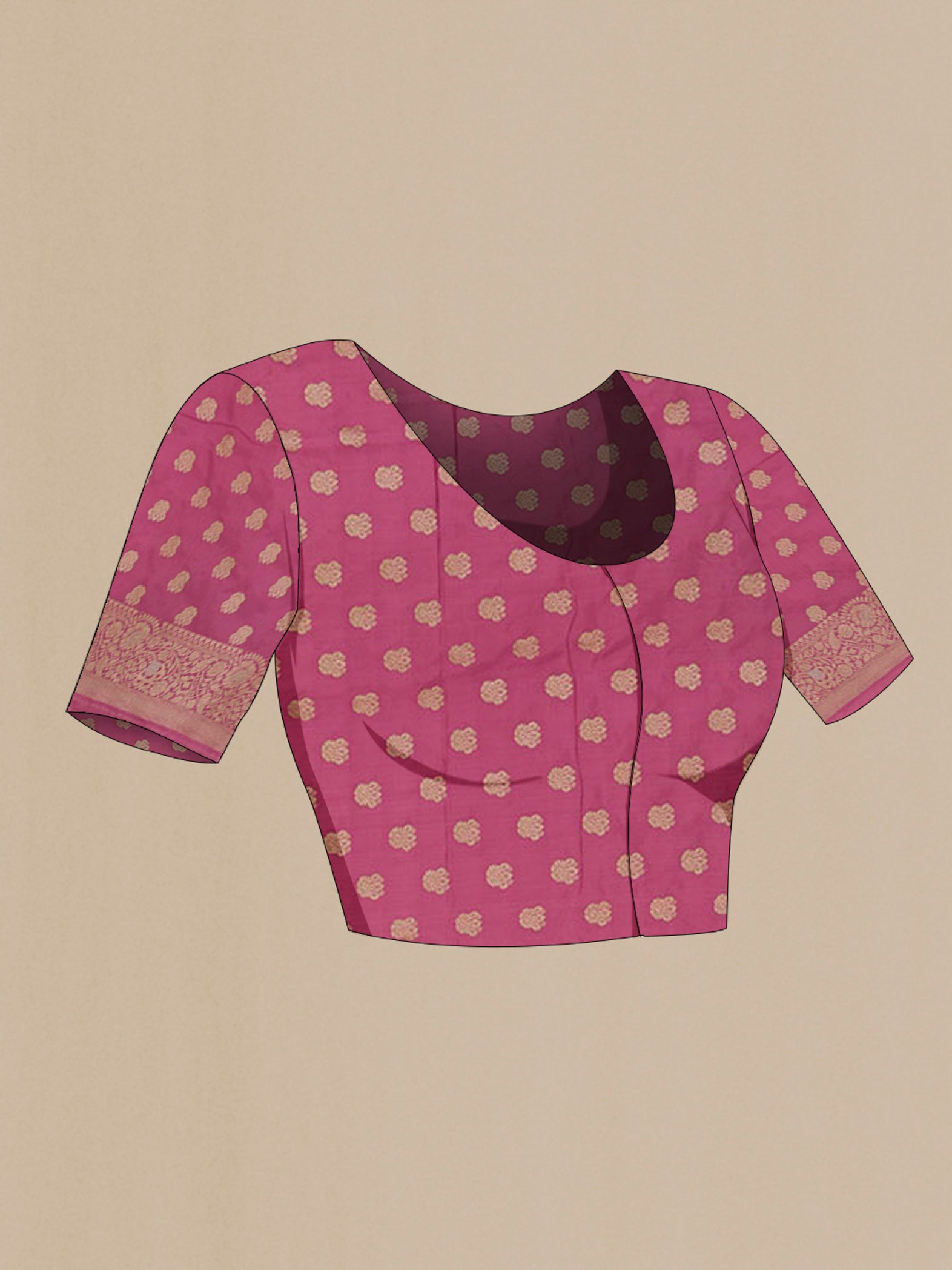 Close up image of the blouse of Pink Banarasi Silk Saree with Zari Brocade on the body and Zari Border. 
