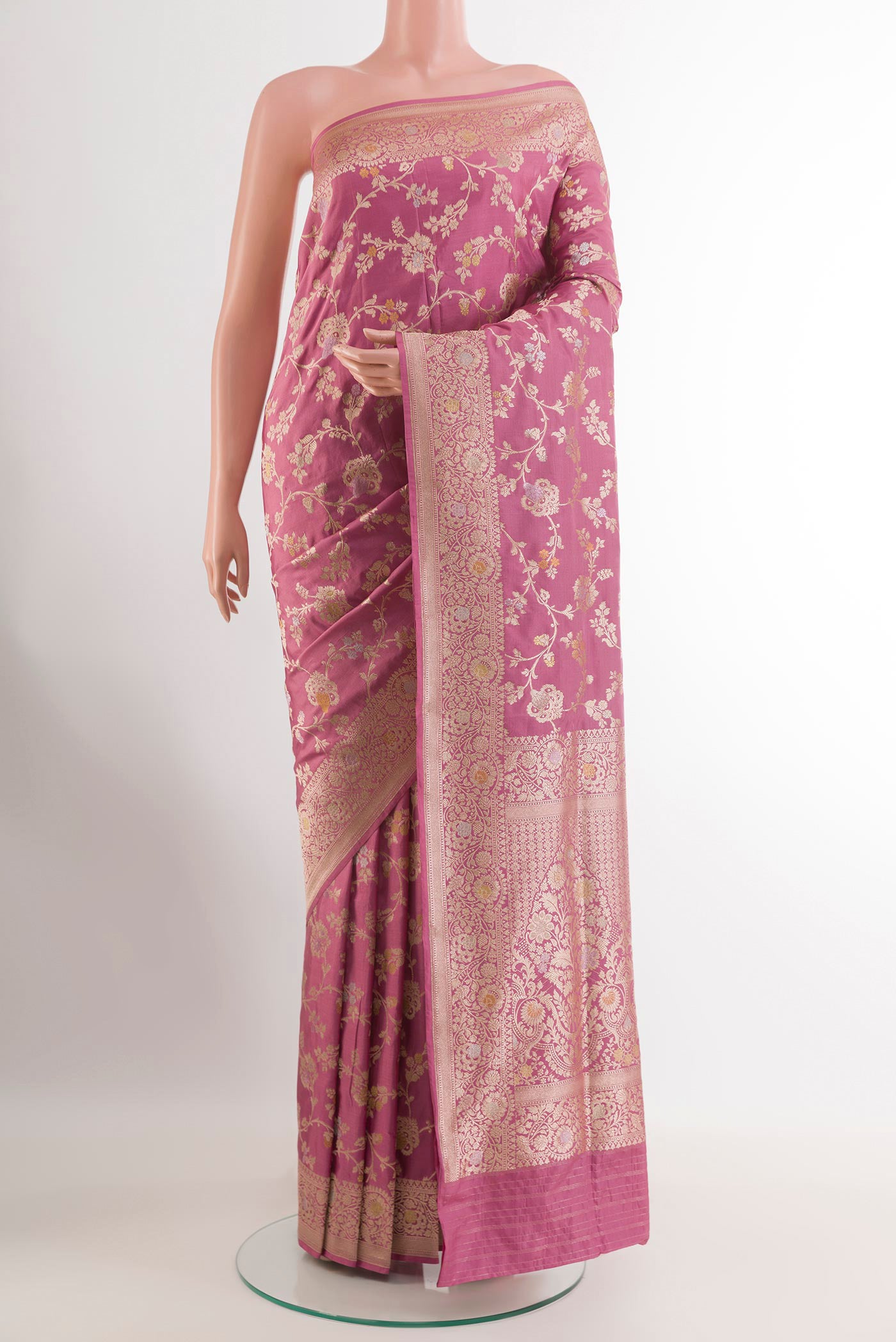 Pink Banarasi Silk Saree with Zari Brocade on the body and Zari Border.  displayed on a mannequin