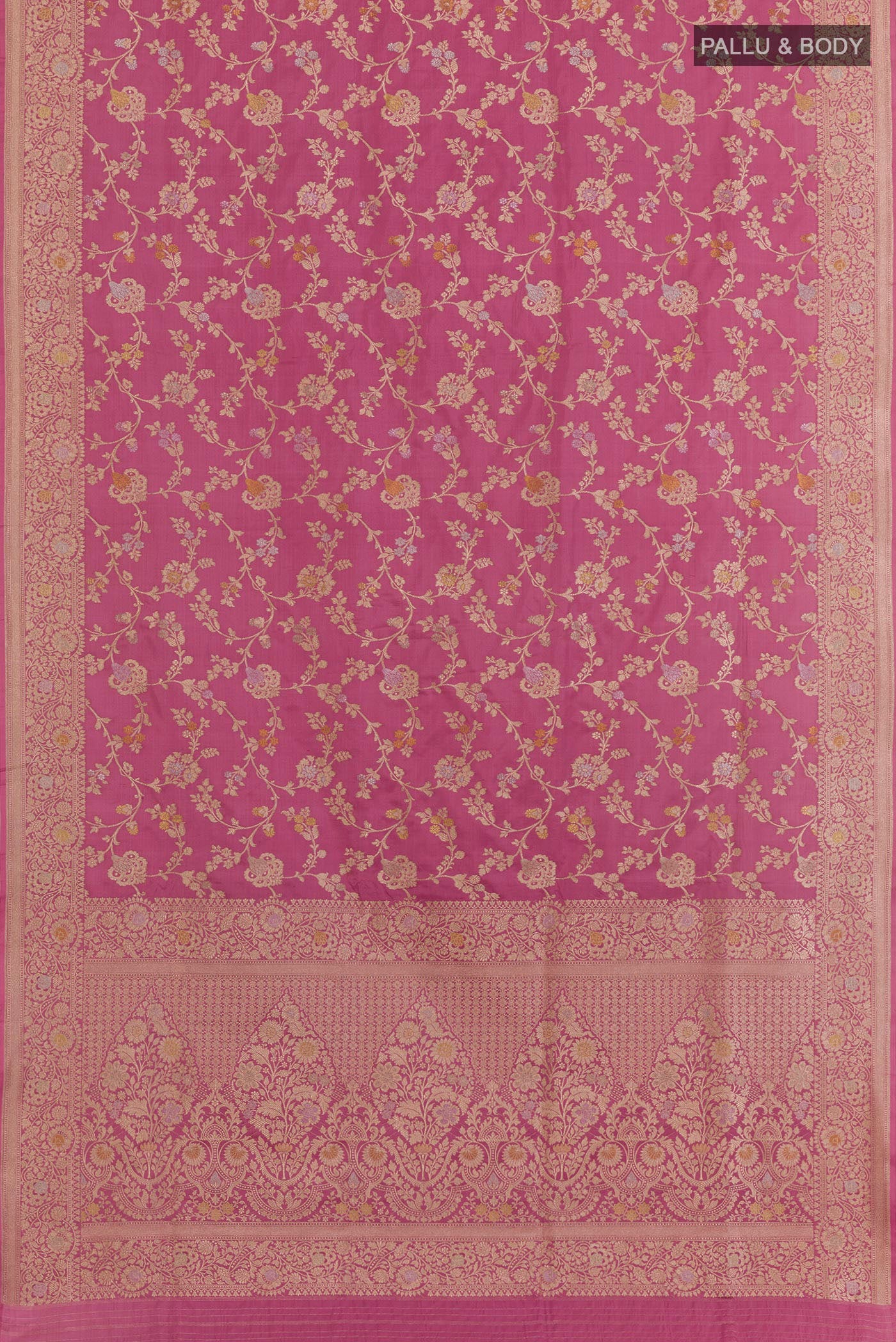 Flat view of Pink Banarasi Silk Saree with Zari Brocade on the body and Zari Border. 