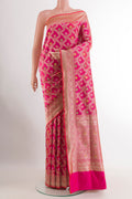 Pink Banarasi Silk Saree with Zari Brocade on the body and Zari Border.  displayed on a mannequin