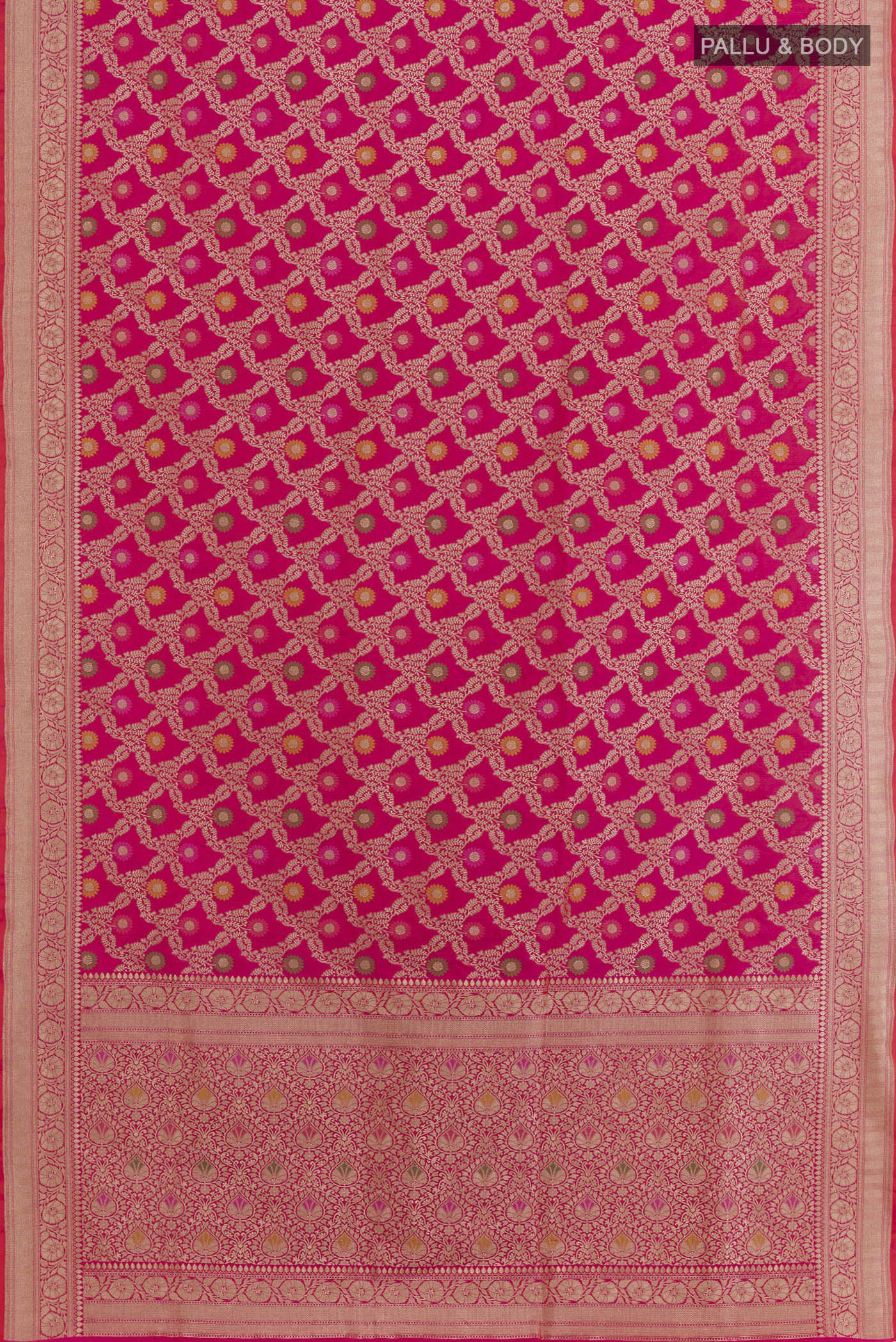 Flat view of Pink Banarasi Silk Saree with Zari Brocade on the body and Zari Border. 