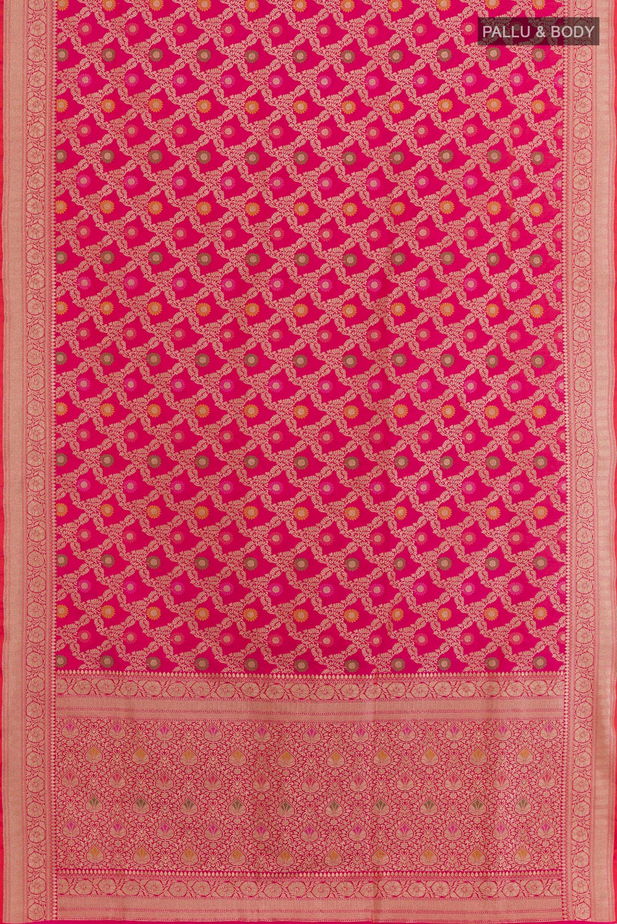 Flat view of Pink Banarasi Silk Saree with Zari Brocade on the body and Zari Border. 
