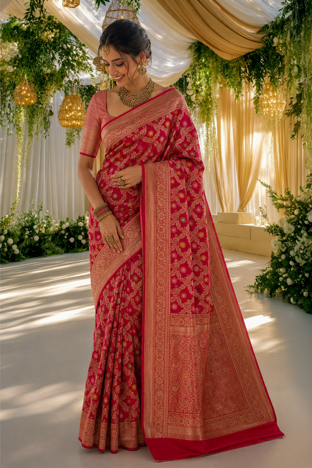 Model wearing a Red Banarasi Silk Saree with Zari Brocade on the body and Zari Border.