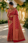 Model wearing a Red Banarasi Silk Saree with Zari Brocade on the body and Zari Border.
