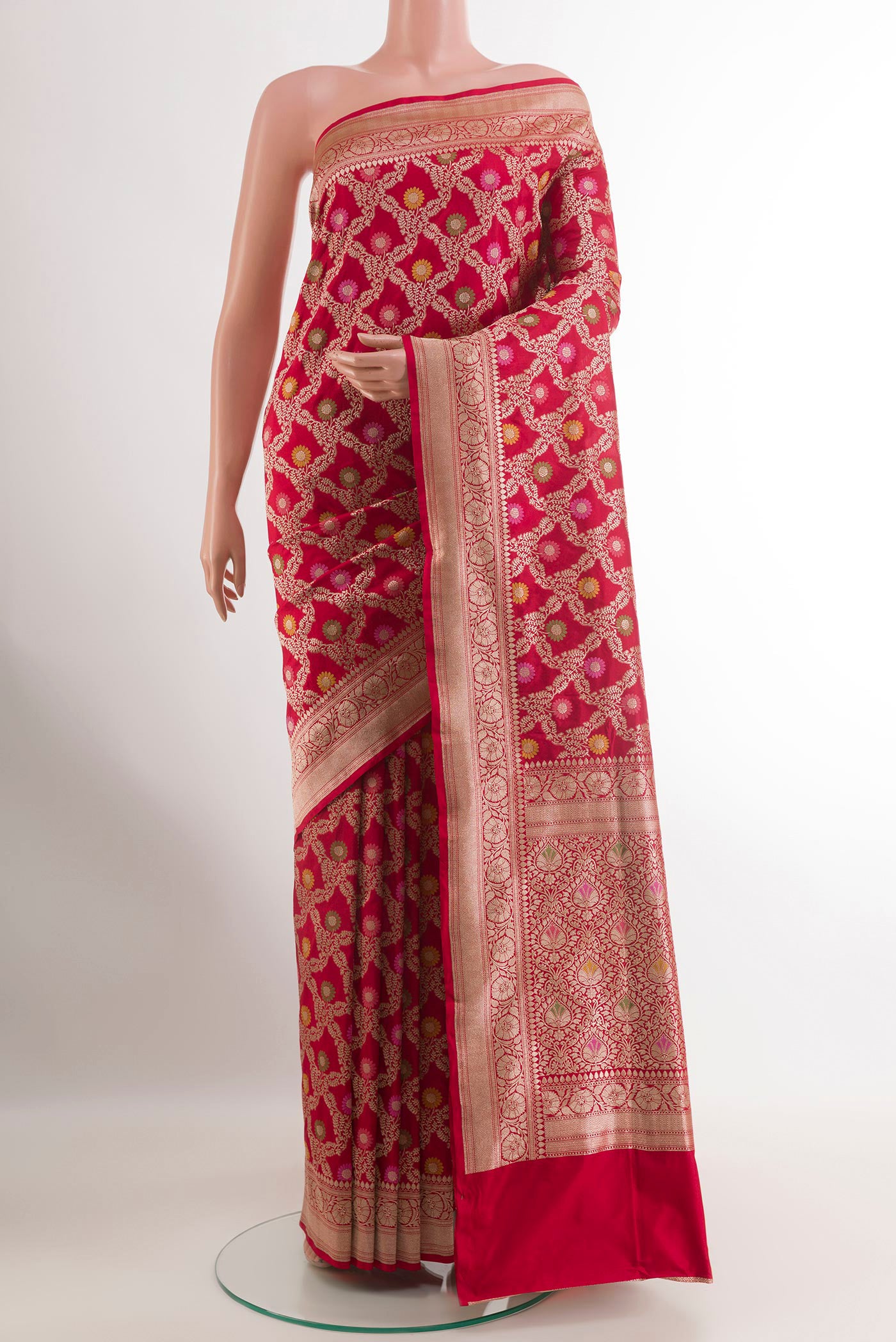 Red Banarasi Silk Saree with Zari Brocade on the body and Zari Border.  displayed on a mannequin
