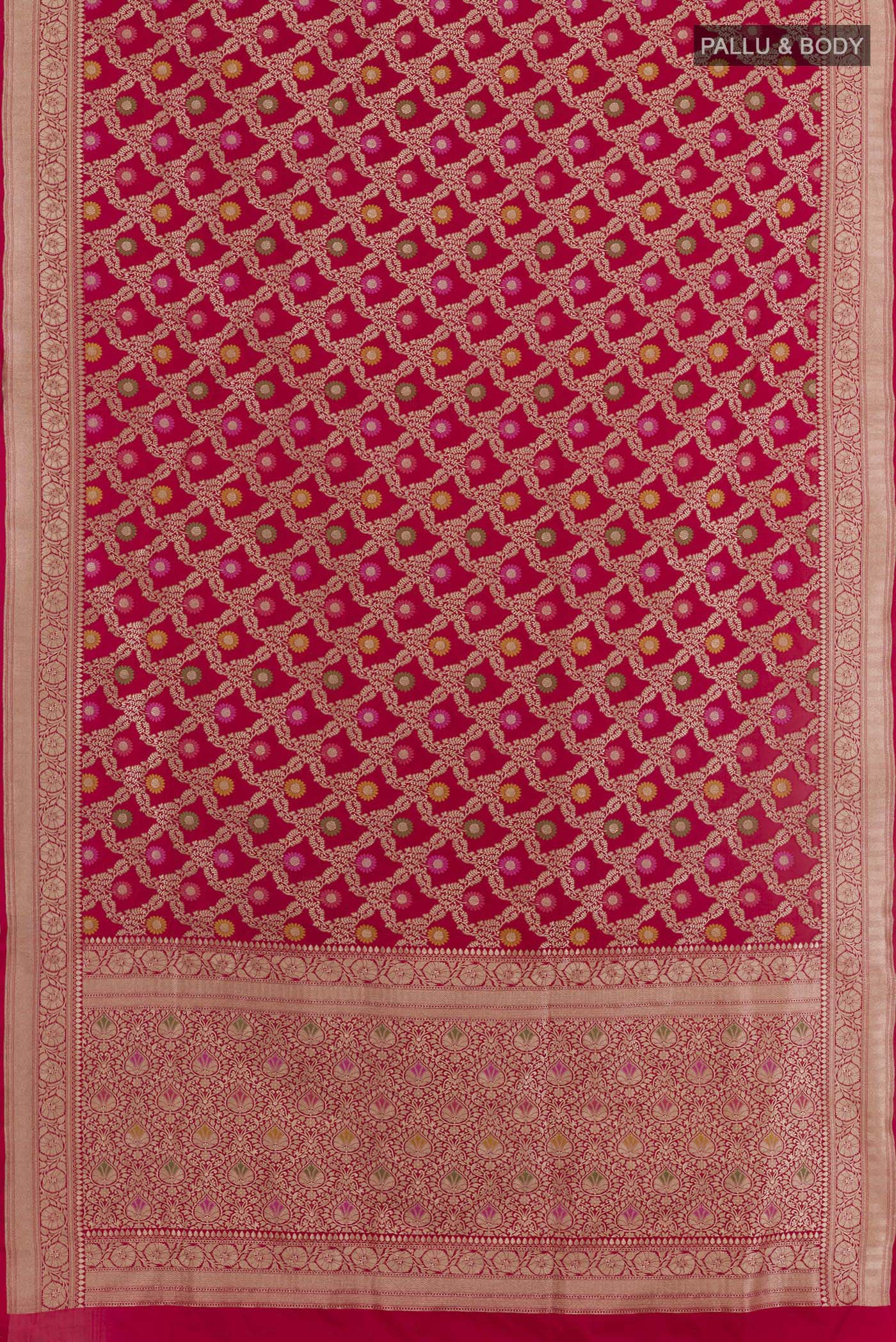 Flat view of Red Banarasi Silk Saree with Zari Brocade on the body and Zari Border. 