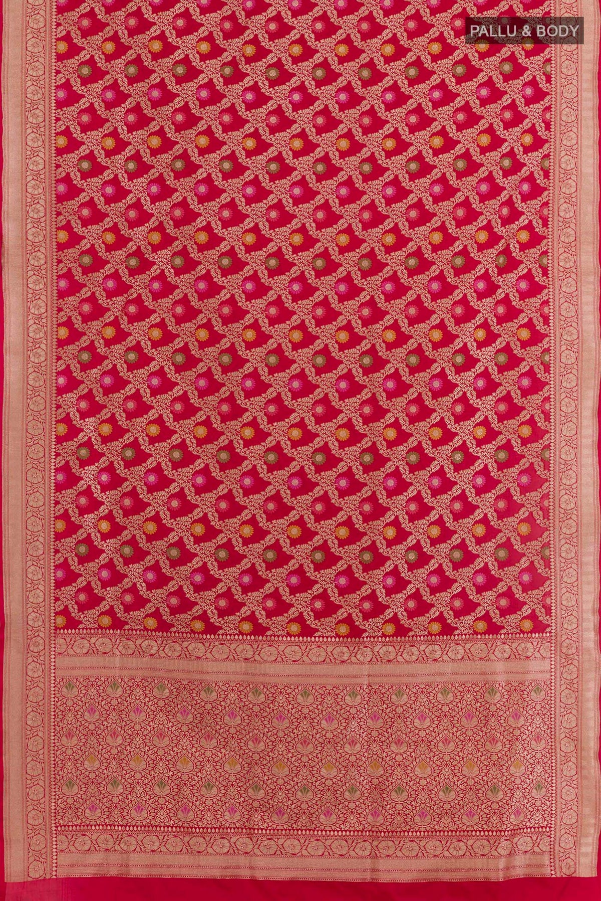 Flat view of Red Banarasi Silk Saree with Zari Brocade on the body and Zari Border. 