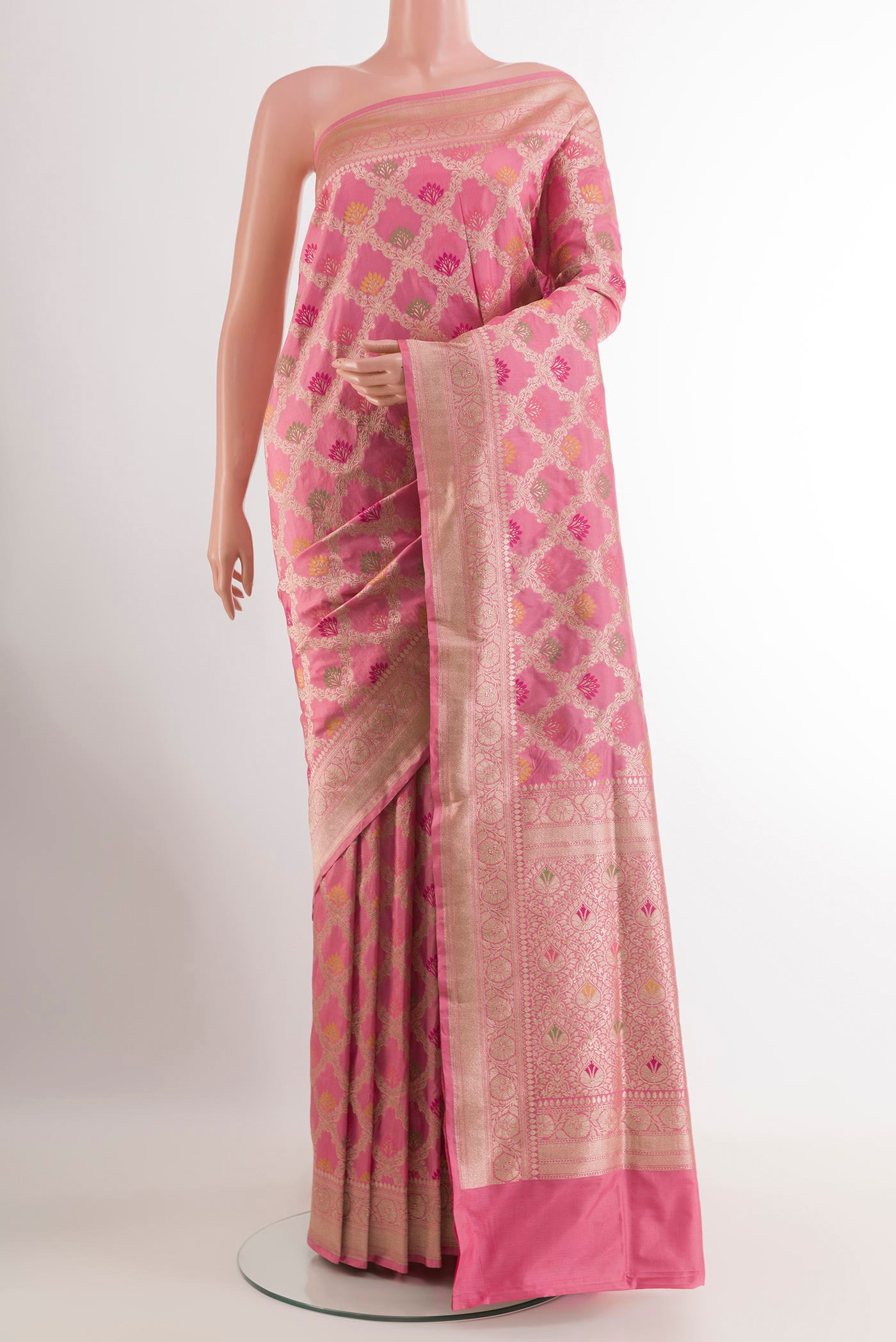 Pink Banarasi Silk Saree with Zari Brocade on the body and Zari Border.  displayed on a mannequin