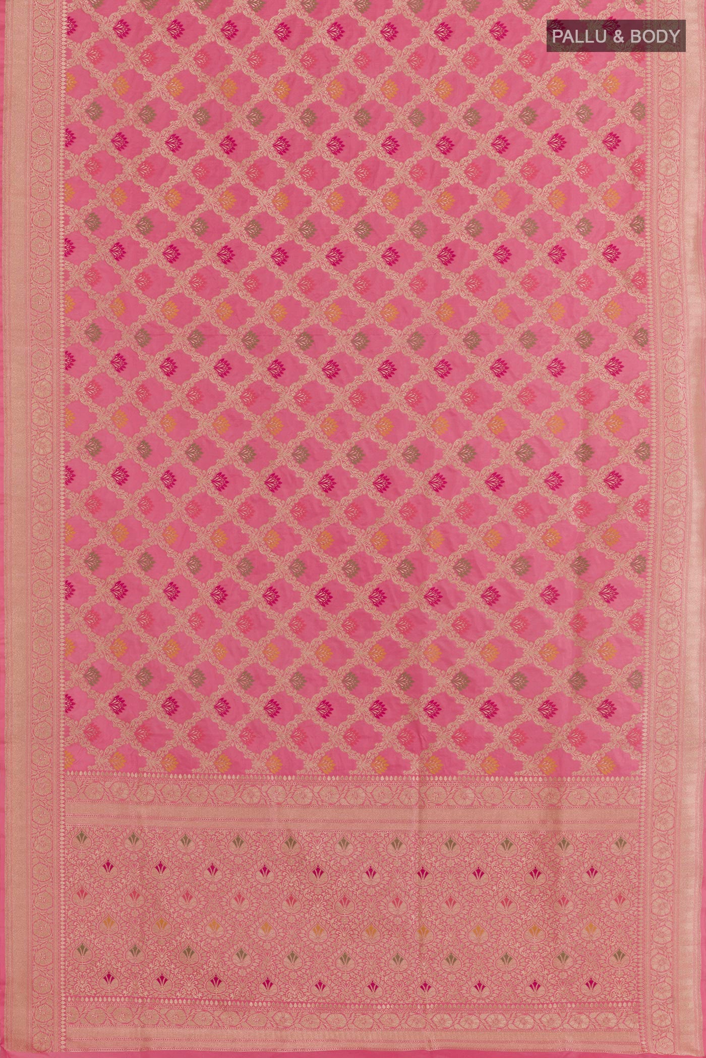 Flat view of Pink Banarasi Silk Saree with Zari Brocade on the body and Zari Border. 