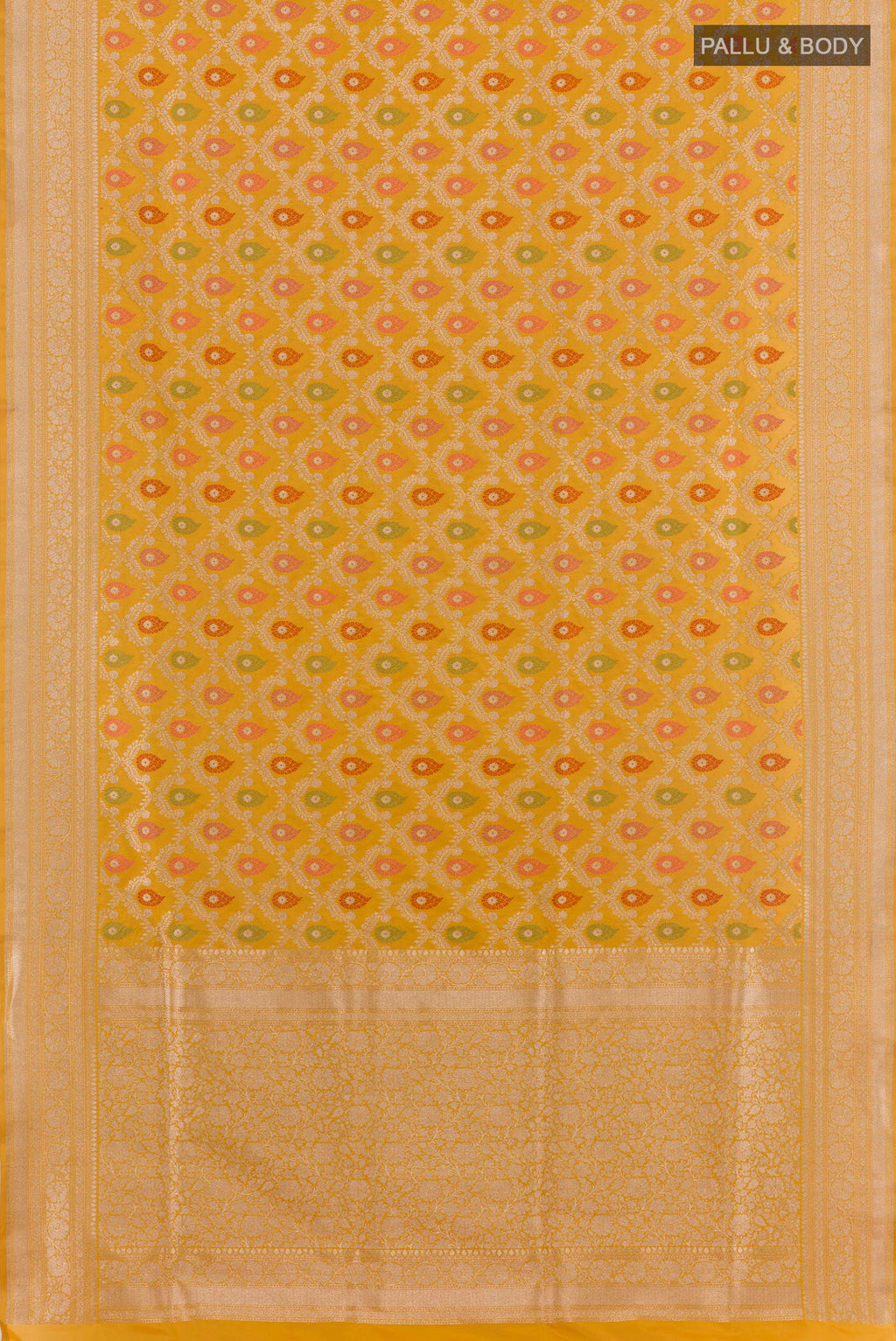 Flat view of Yellow Banarasi Silk Saree with Zari Brocade on the body and Zari Border. 