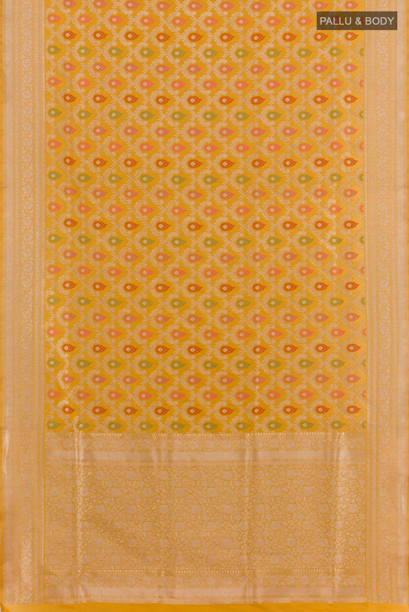 Flat view of Yellow Banarasi Silk Saree with Zari Brocade on the body and Zari Border. 