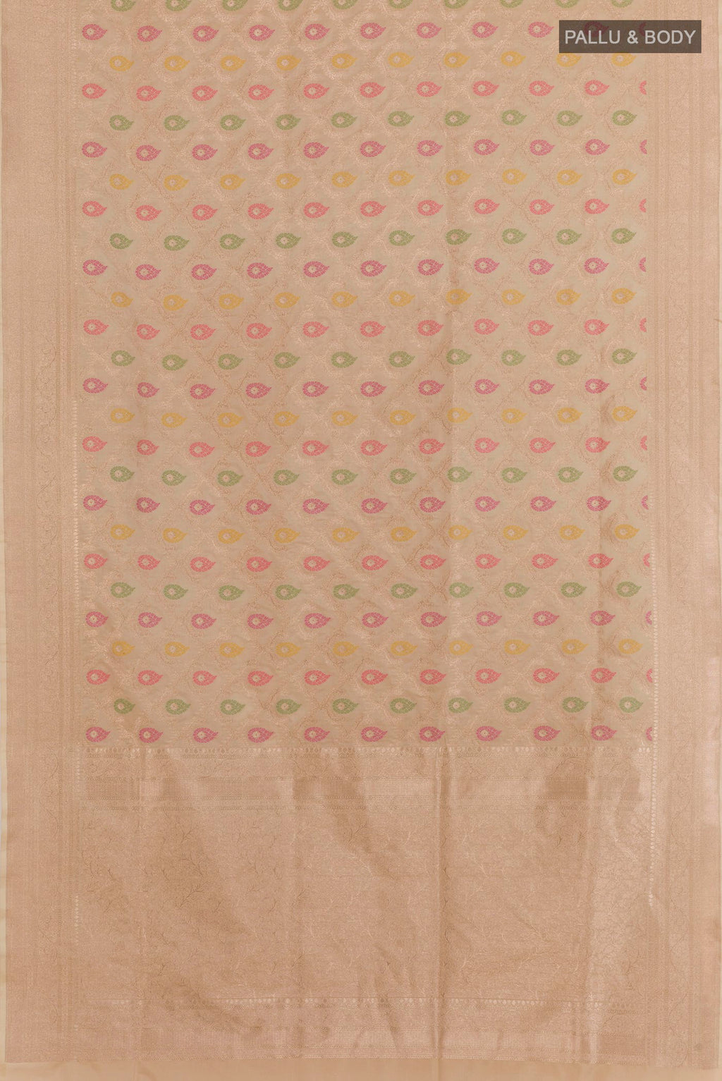 Flat view of Beige Banarasi Silk Saree with Zari Brocade on the body and Zari Border. 