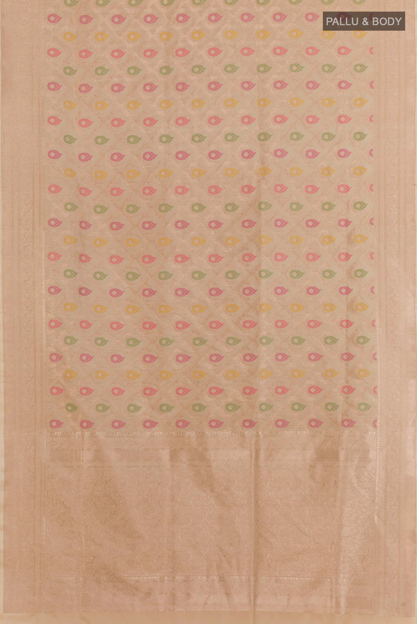 Flat view of Beige Banarasi Silk Saree with Zari Brocade on the body and Zari Border. 