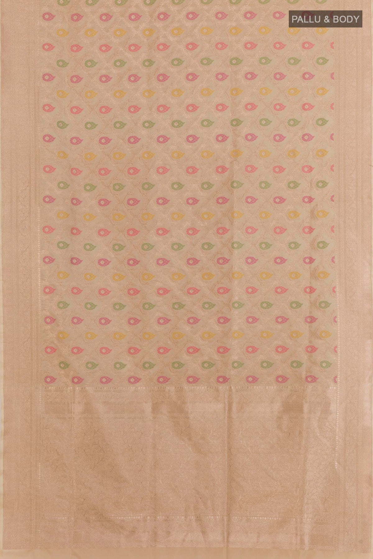 Flat view of Beige Banarasi Silk Saree with Zari Brocade on the body and Zari Border. 