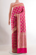 Pink Banarasi Silk Saree with Zari Brocade on the body and Zari Border.  displayed on a mannequin