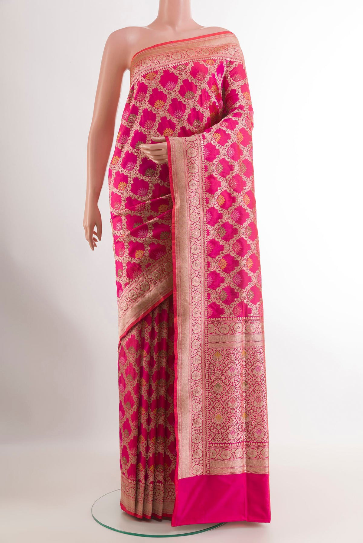 Pink Banarasi Silk Saree with Zari Brocade on the body and Zari Border.  displayed on a mannequin