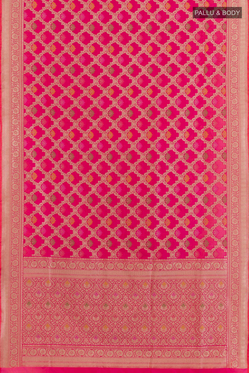 Flat view of Pink Banarasi Silk Saree with Zari Brocade on the body and Zari Border. 