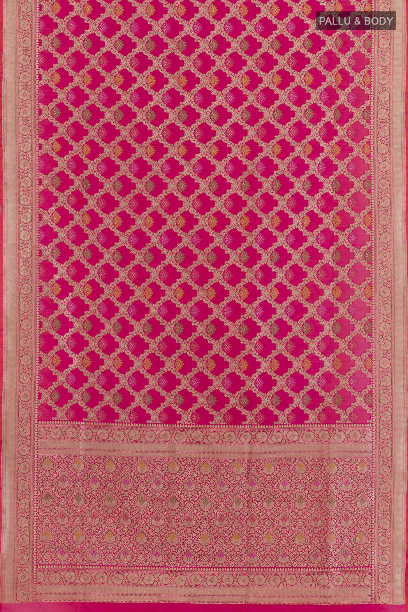 Flat view of Pink Banarasi Silk Saree with Zari Brocade on the body and Zari Border. 