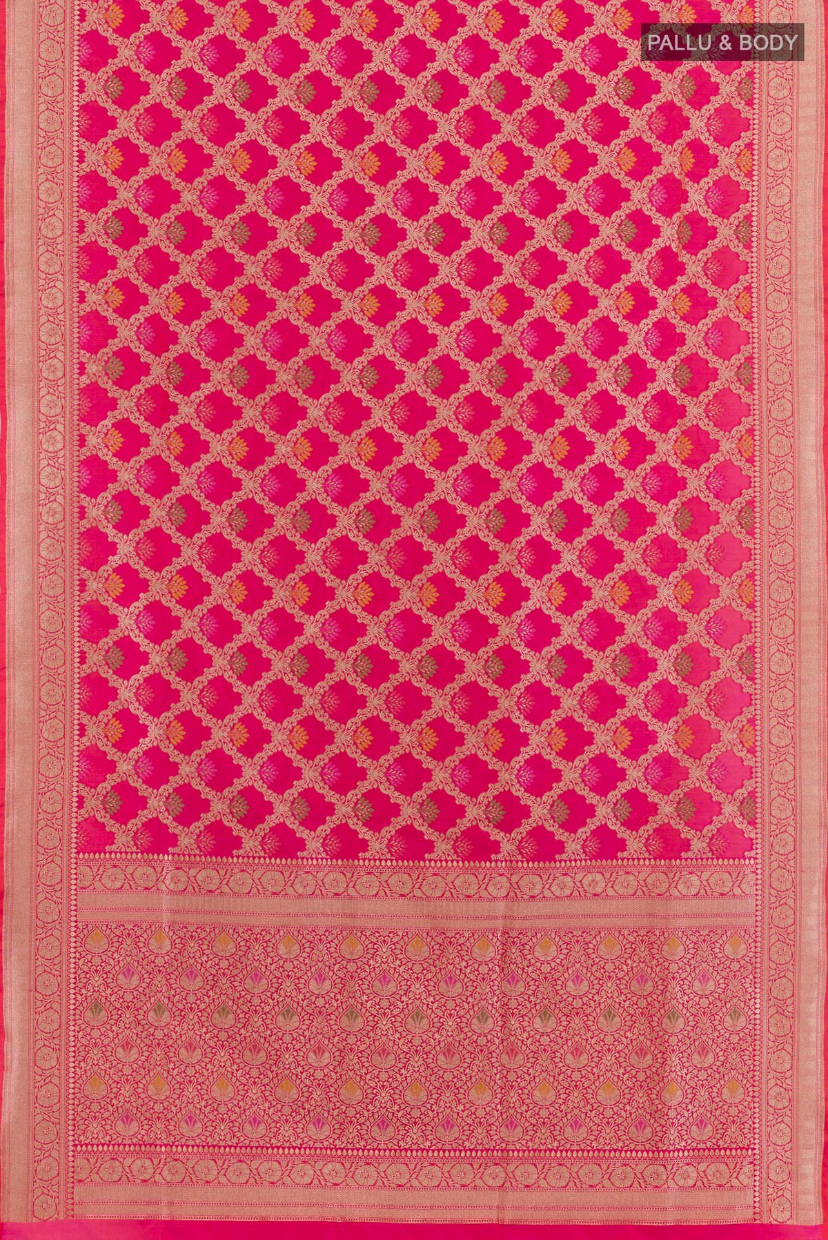 Flat view of Pink Banarasi Silk Saree with Zari Brocade on the body and Zari Border. 