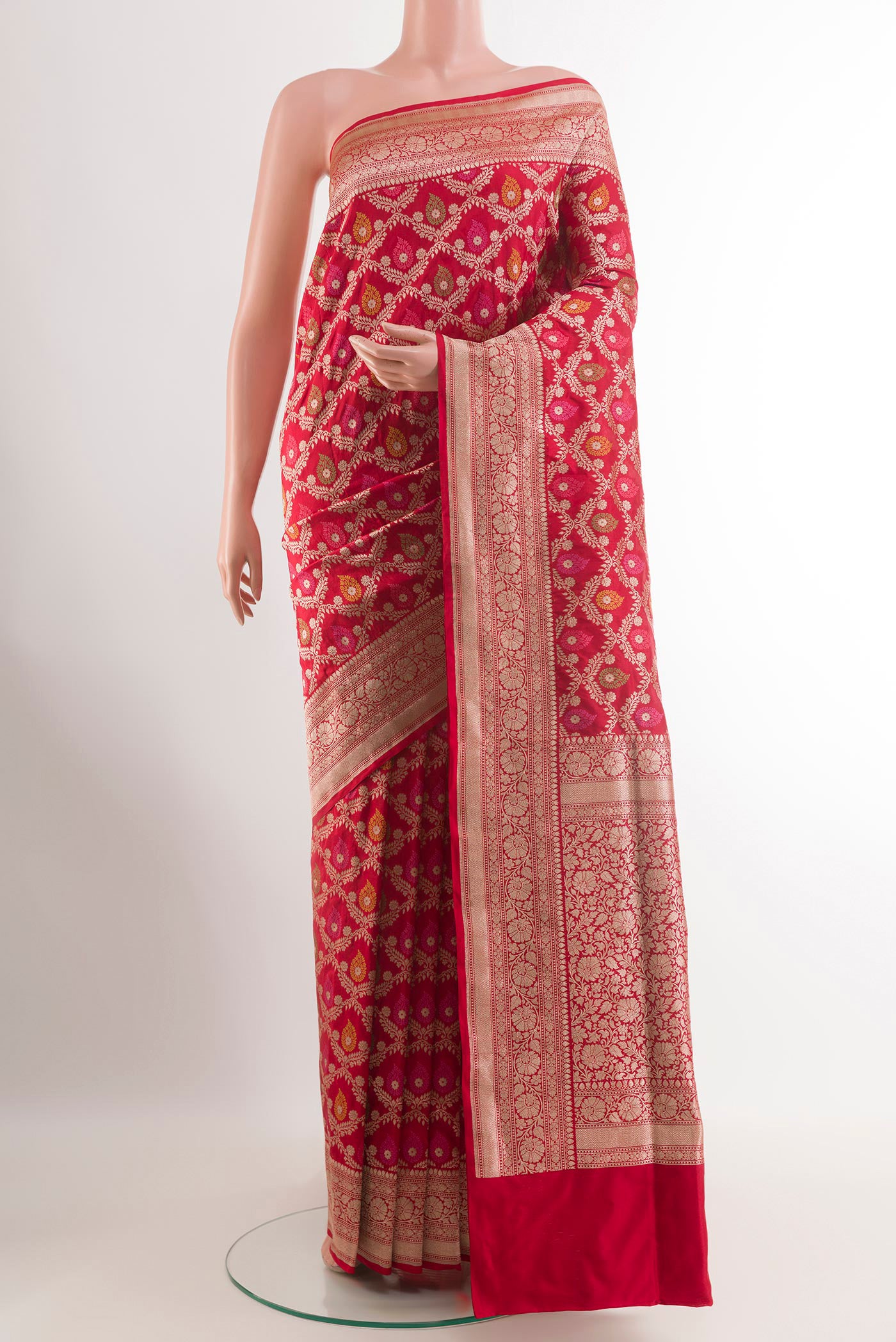 Red Banarasi Silk Saree with Zari Brocade on the body and Zari Border.  displayed on a mannequin