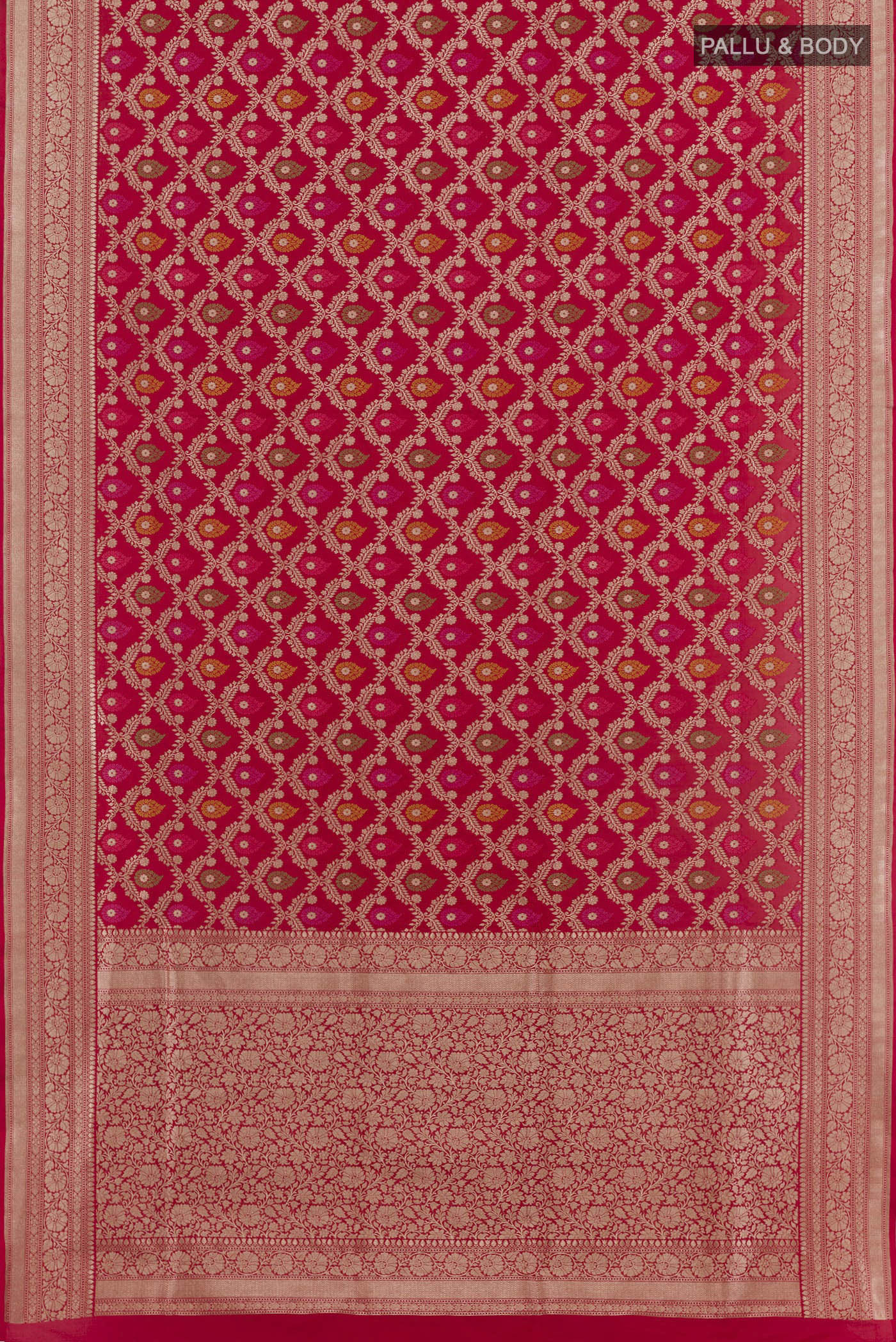 Flat view of Red Banarasi Silk Saree with Zari Brocade on the body and Zari Border. 