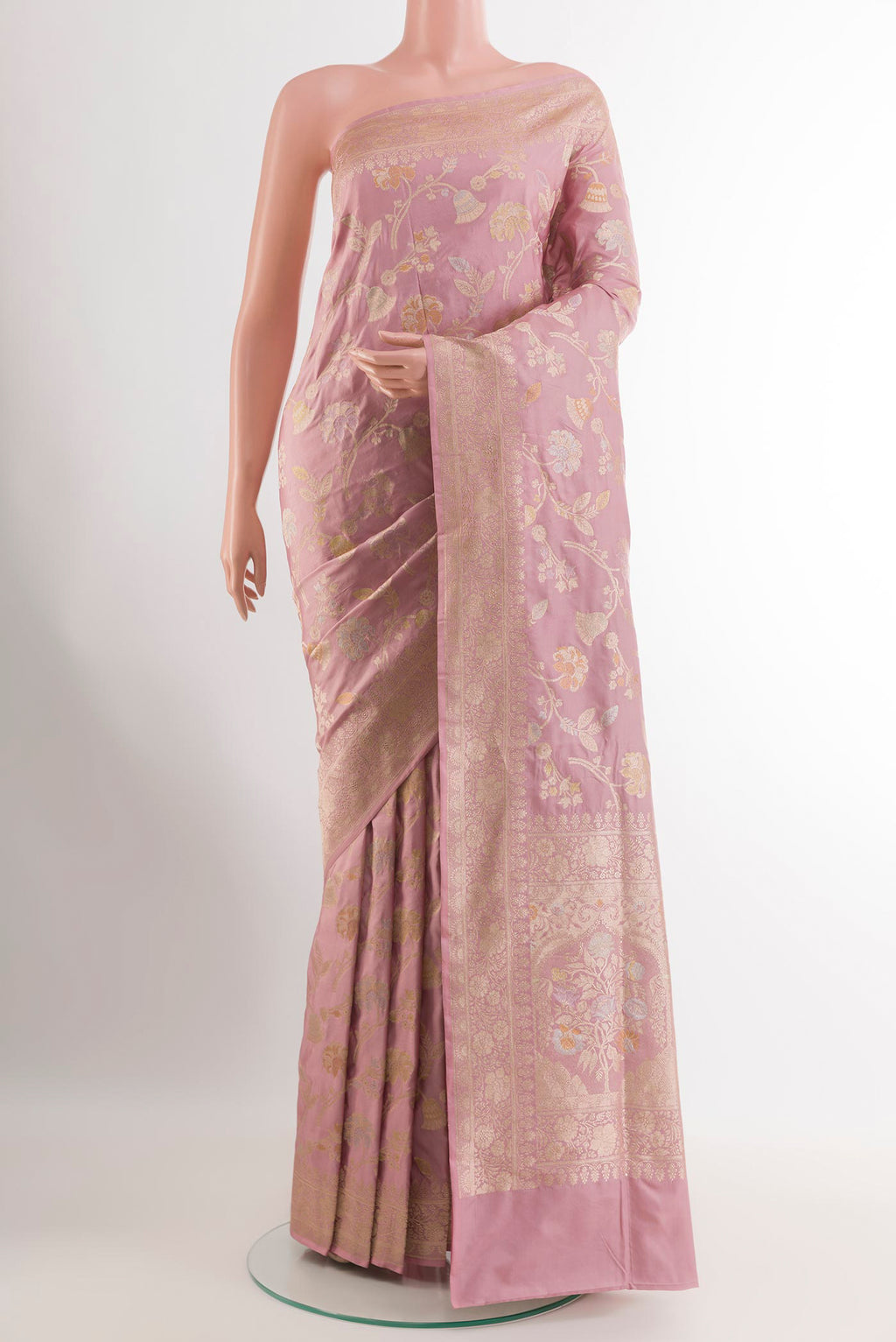 Lavender Banarasi Silk Saree with Zari Brocade on the body and Zari Border.  displayed on a mannequin