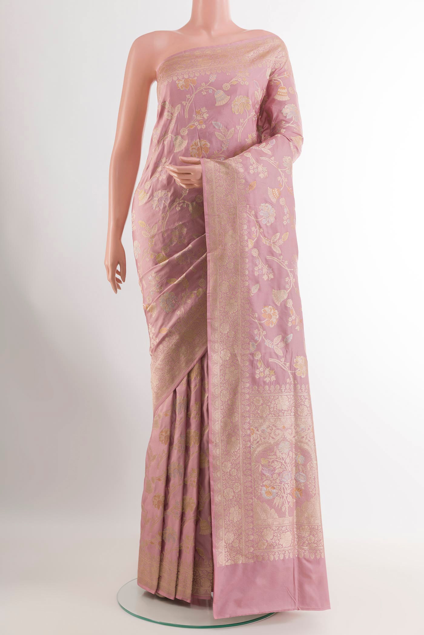 Lavender Banarasi Silk Saree with Zari Brocade on the body and Zari Border.  displayed on a mannequin