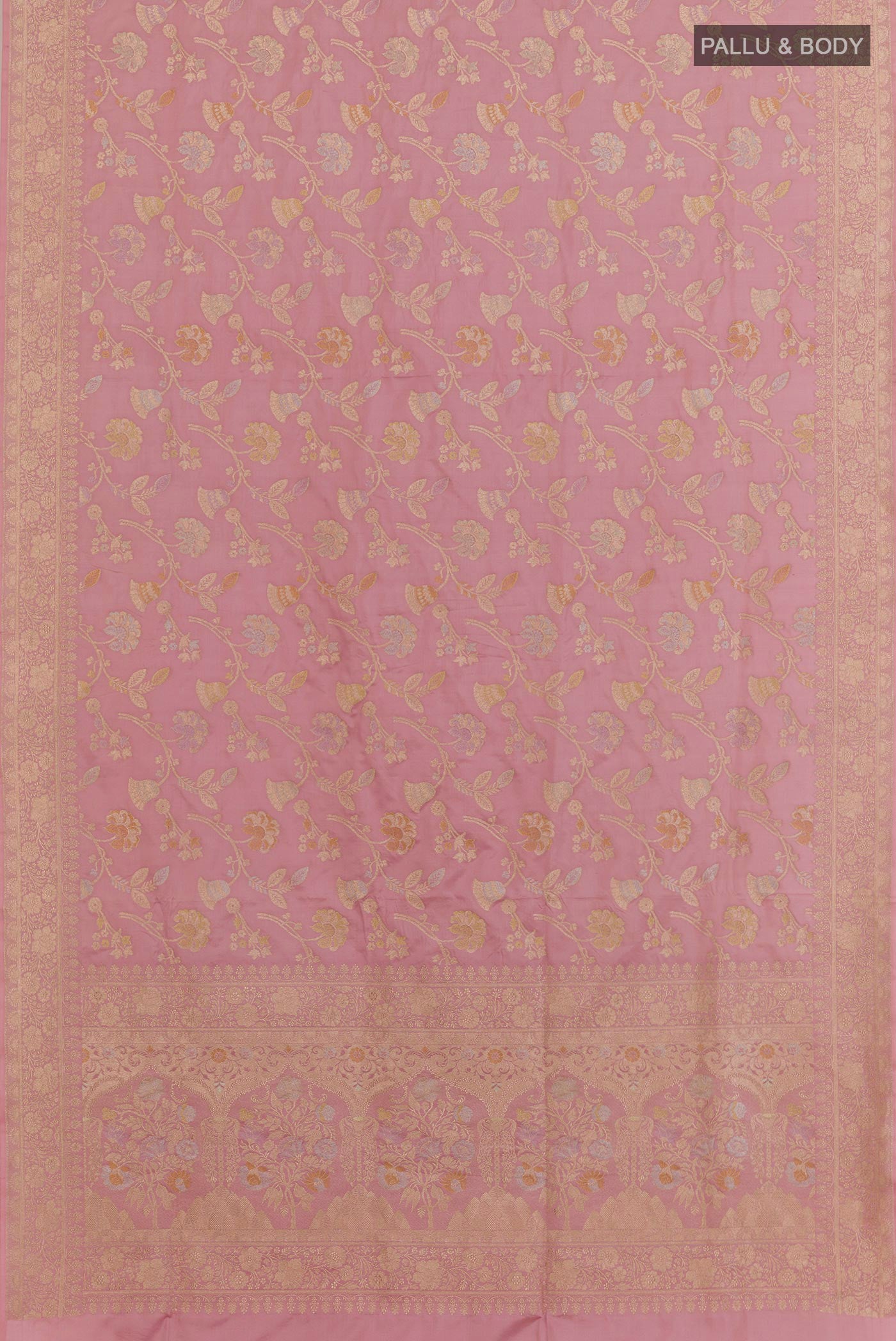 Flat view of Lavender Banarasi Silk Saree with Zari Brocade on the body and Zari Border. 