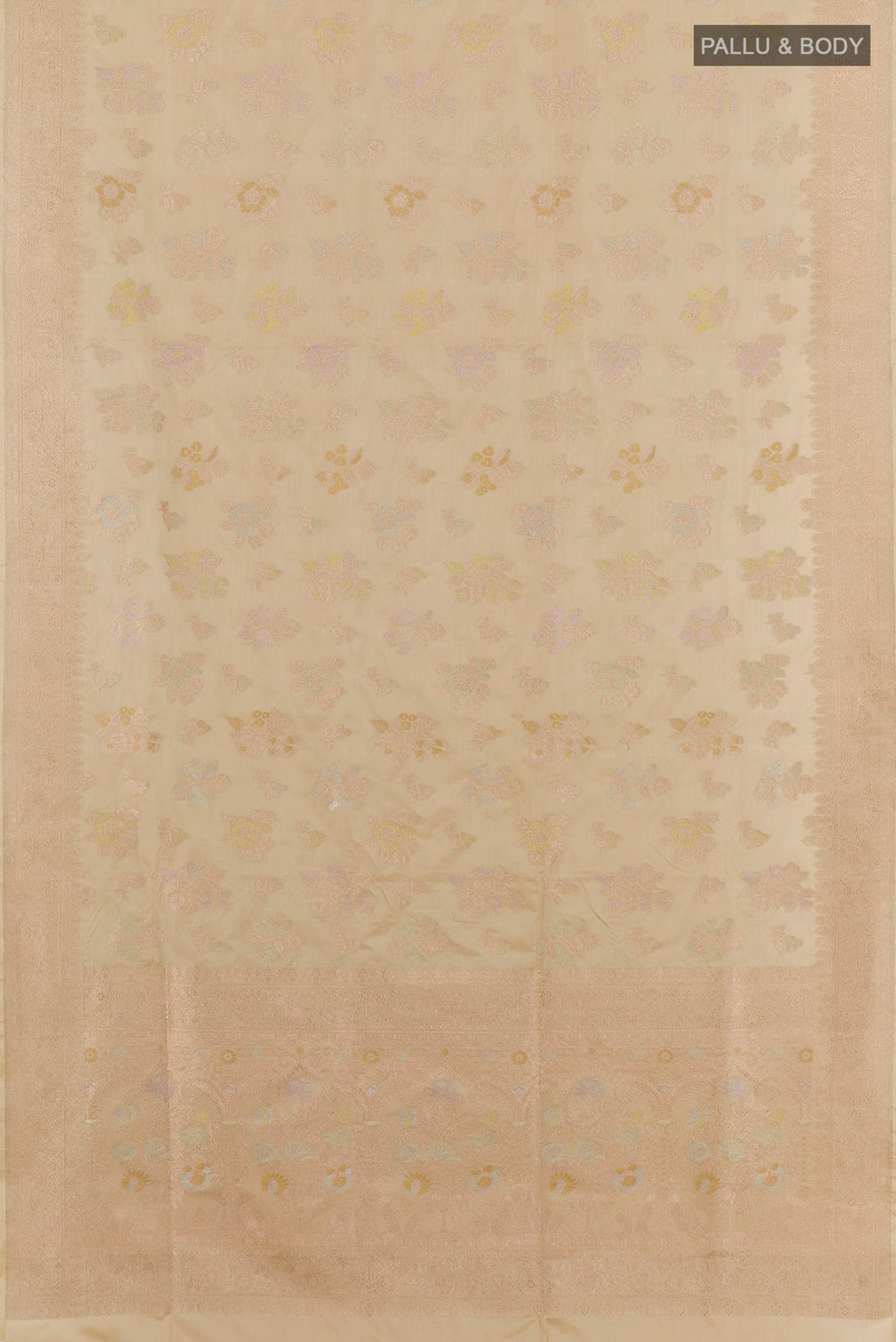 Flat view of Cream Banarasi Silk Saree with Zari Brocade on the body and Zari Border. 