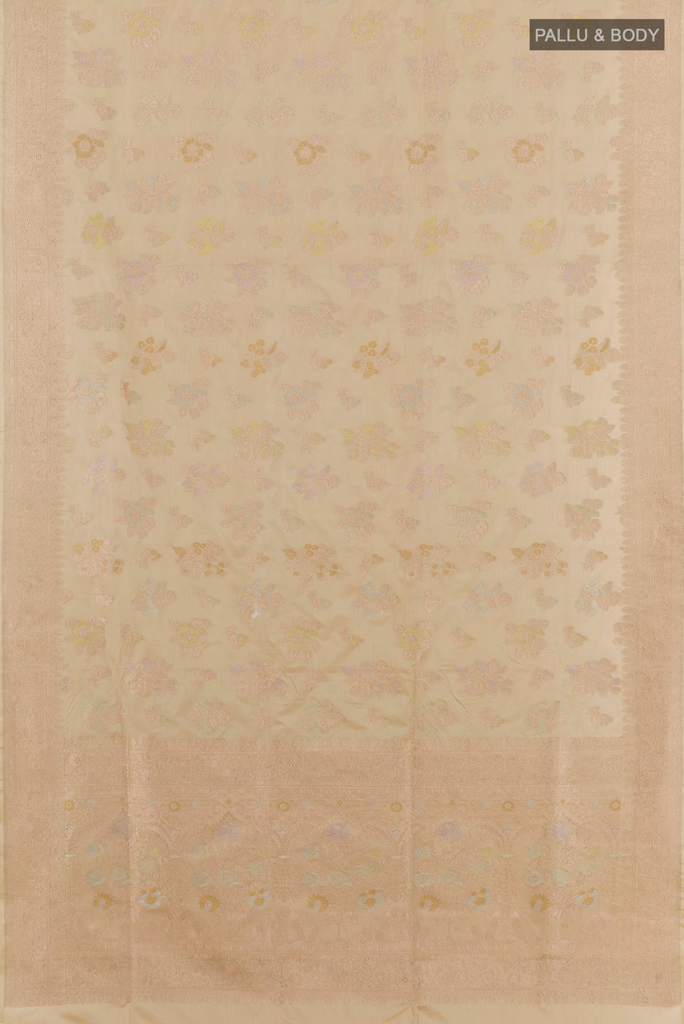 Flat view of Cream Banarasi Silk Saree with Zari Brocade on the body and Zari Border. 