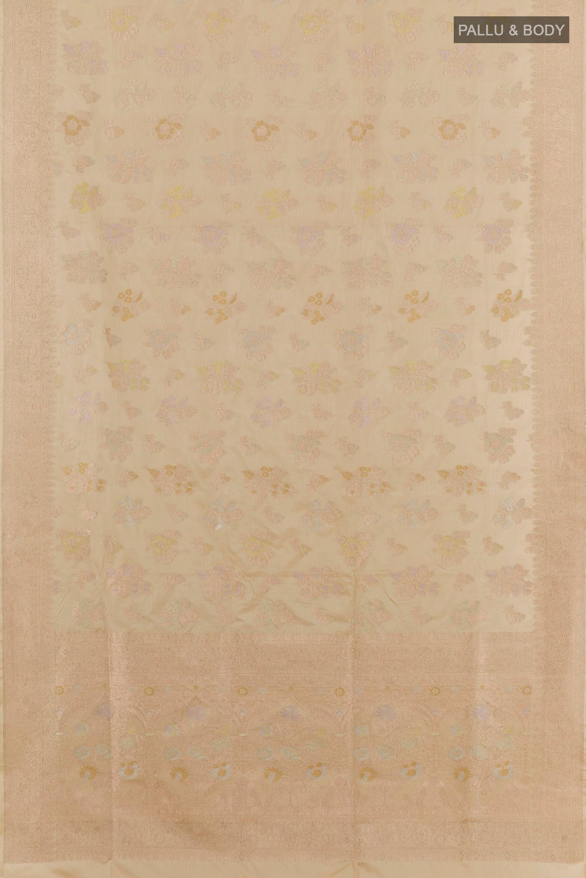 Flat view of Cream Banarasi Silk Saree with Zari Brocade on the body and Zari Border. 