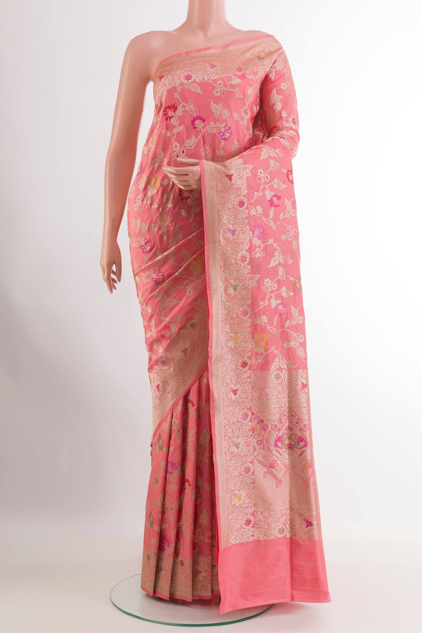 Pink Banarasi Silk Saree with Zari Brocade on the body and Zari Border.  displayed on a mannequin