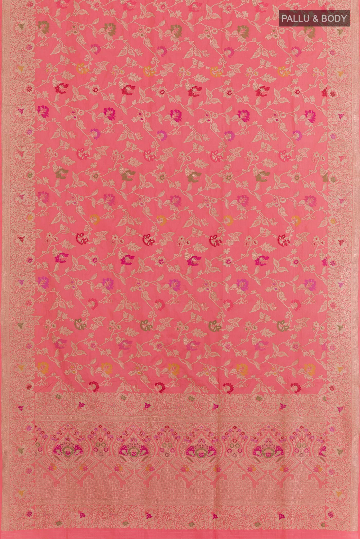 Flat view of Pink Banarasi Silk Saree with Zari Brocade on the body and Zari Border. 