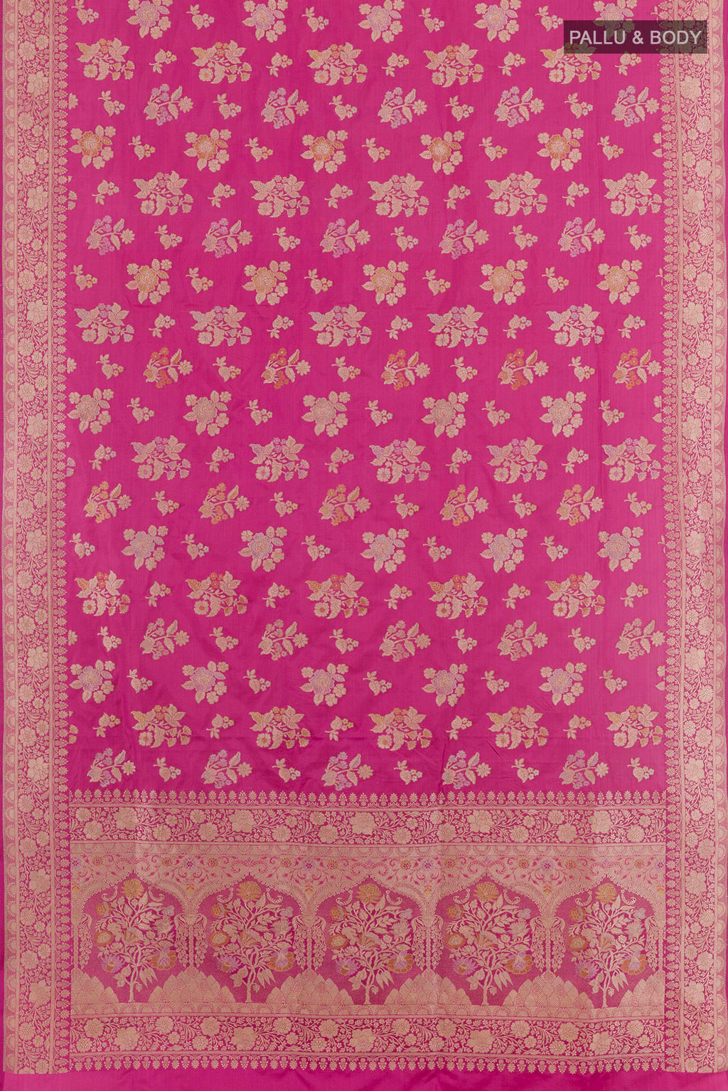 Flat view of Pink Banarasi Silk Saree with Zari Brocade on the body and Zari Border. 