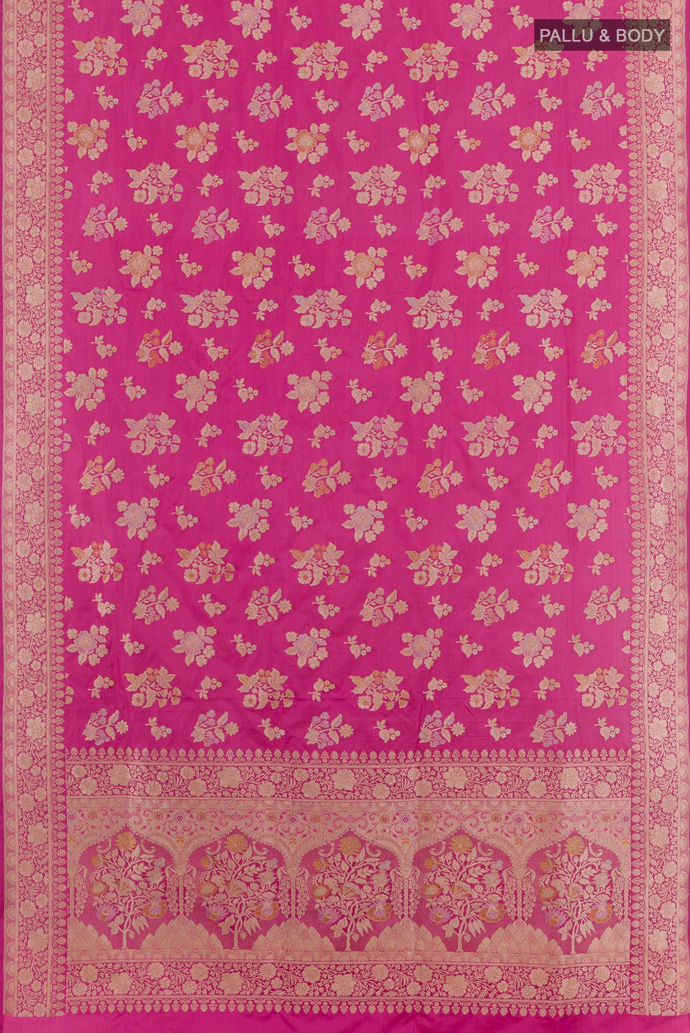 Flat view of Pink Banarasi Silk Saree with Zari Brocade on the body and Zari Border. 