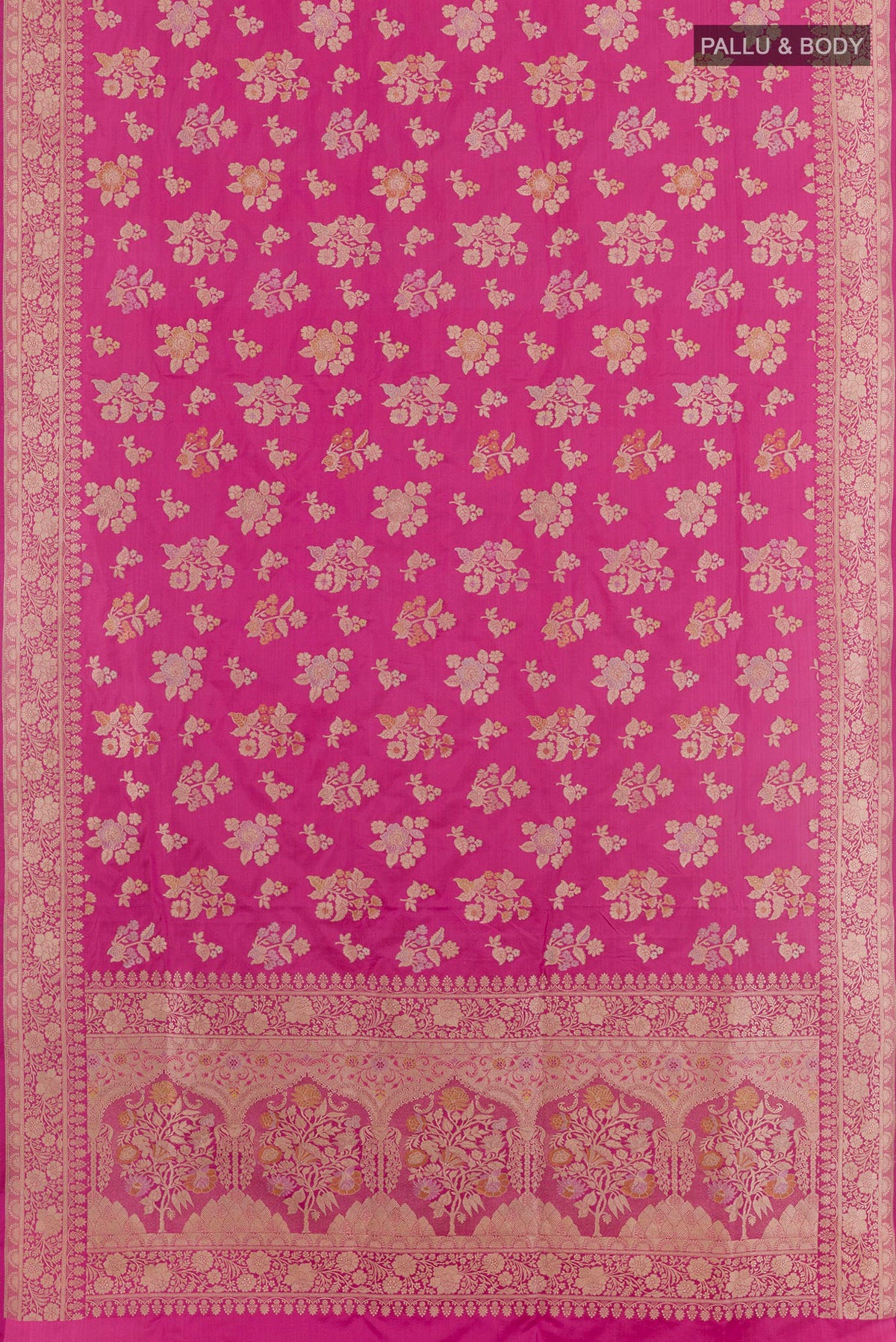 Flat view of Pink Banarasi Silk Saree with Zari Brocade on the body and Zari Border. 