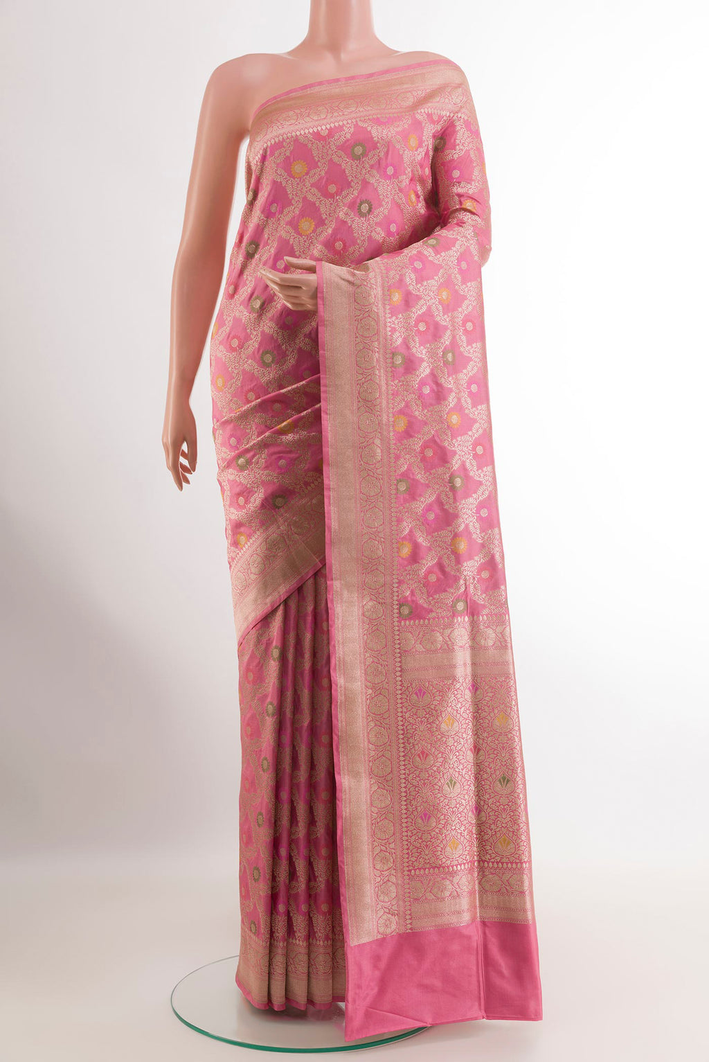 Pink Banarasi Silk Saree with Zari Brocade on the body and Zari Border.  displayed on a mannequin