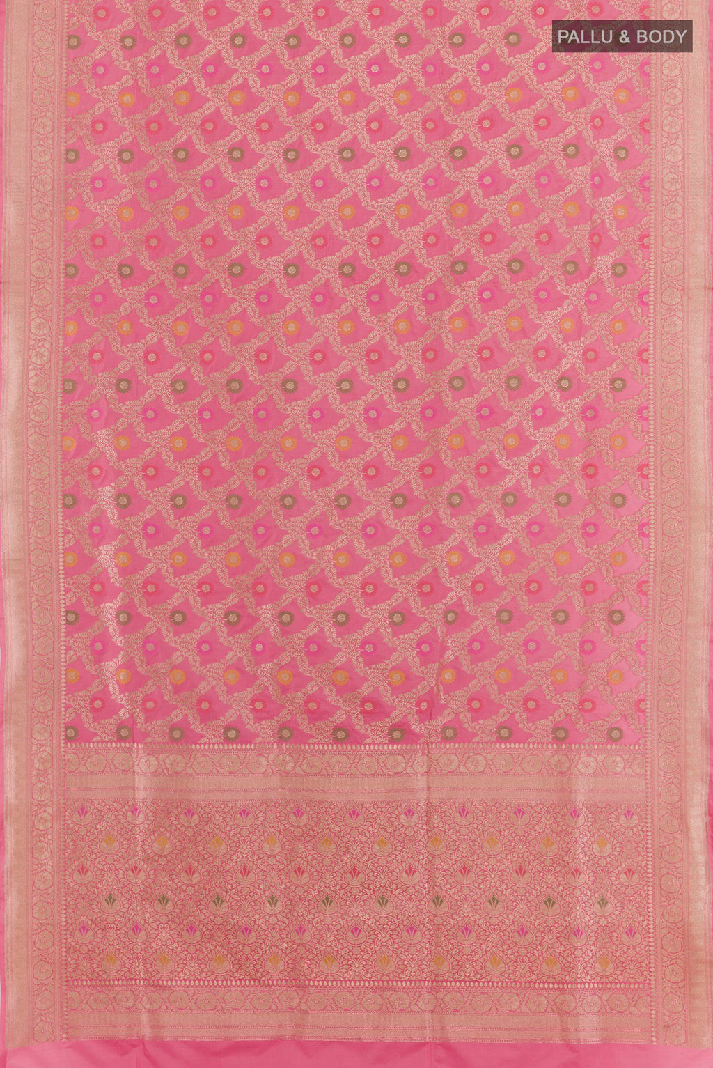 Flat view of Pink Banarasi Silk Saree with Zari Brocade on the body and Zari Border. 