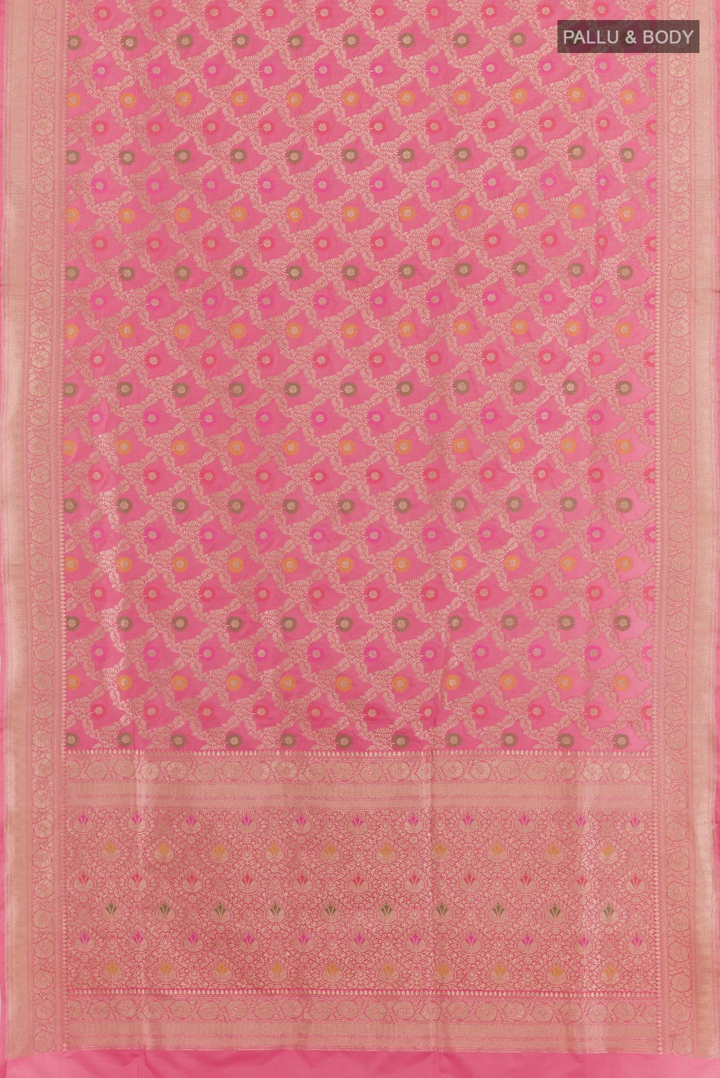 Flat view of Pink Banarasi Silk Saree with Zari Brocade on the body and Zari Border. 