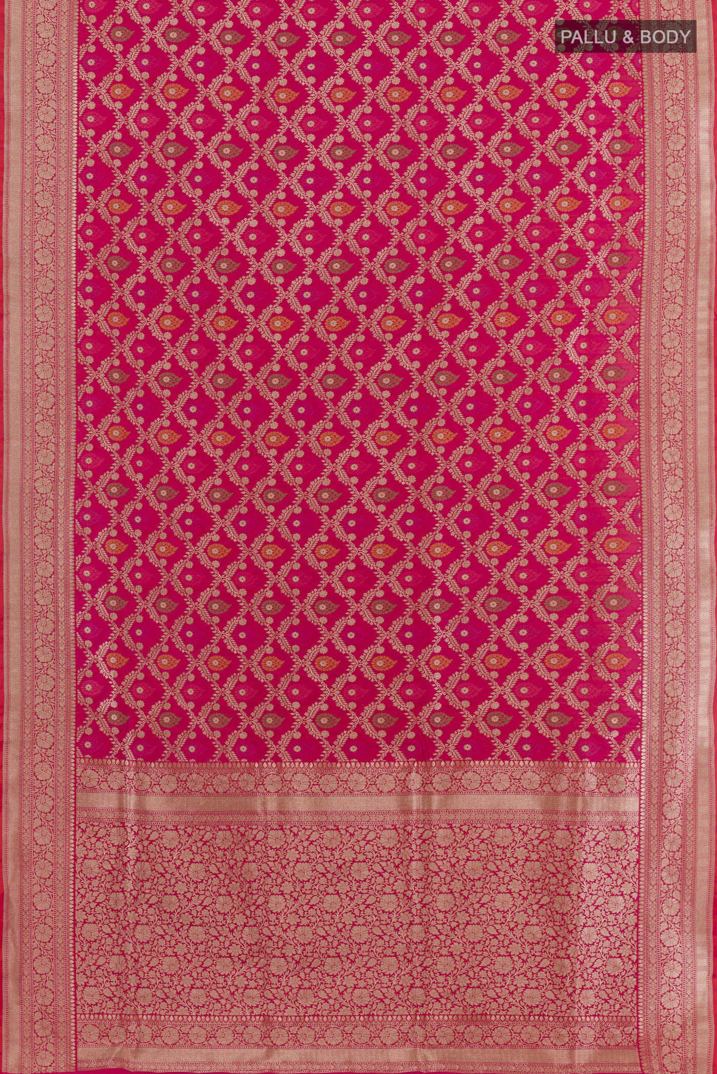Flat view of Pink Banarasi Silk Saree with Zari Brocade on the body and Zari Border. 