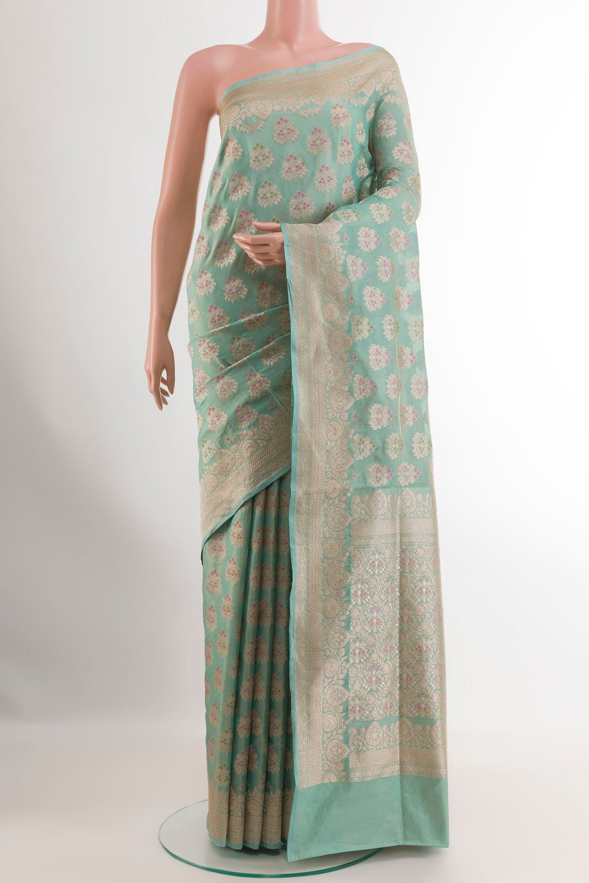 Blue Banarasi Silk Saree with Zari Brocade on the body and Zari Border.  displayed on a mannequin